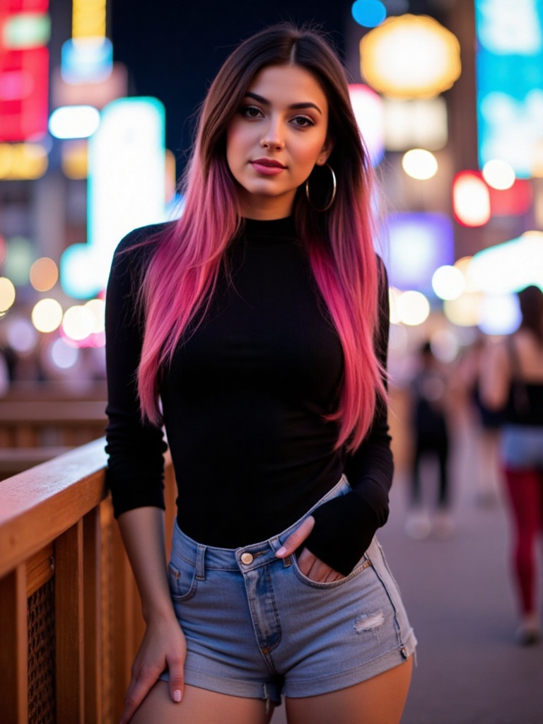 A young woman with long,  straight hair that transitions from dark roots to a vibrant pink hue stands confidently in a bus...