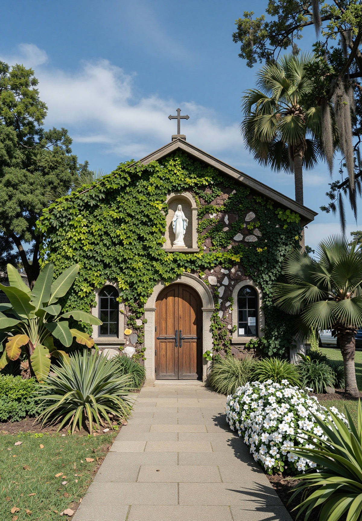 This is a picturesque,  sunlit photograph of a charming,  ivy-covered chapel or small church nestled in a lush on Tensor.Art