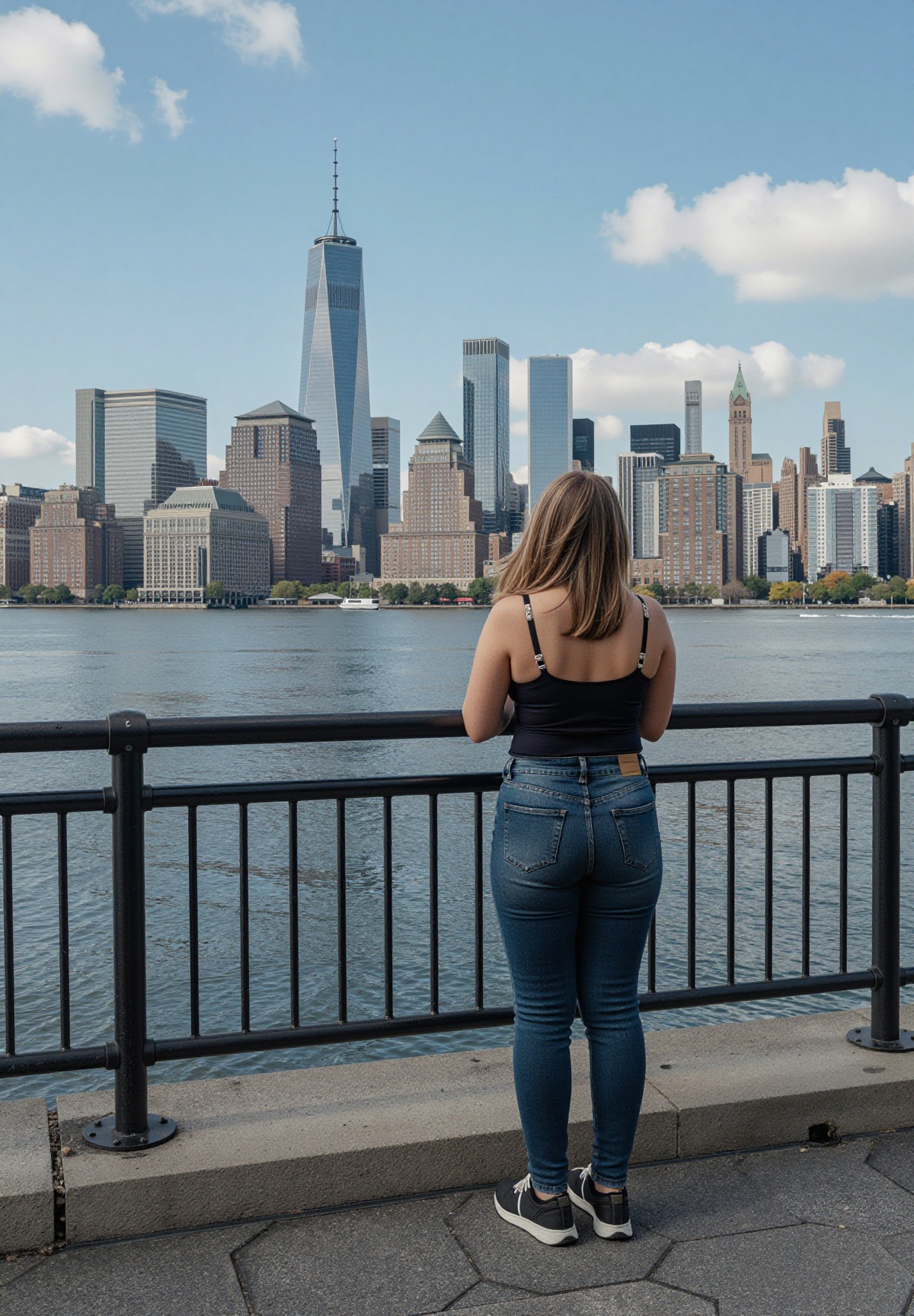 A person with light-brown hair stands facing away from the camera,  looking out over a body of water toward a distant city...
