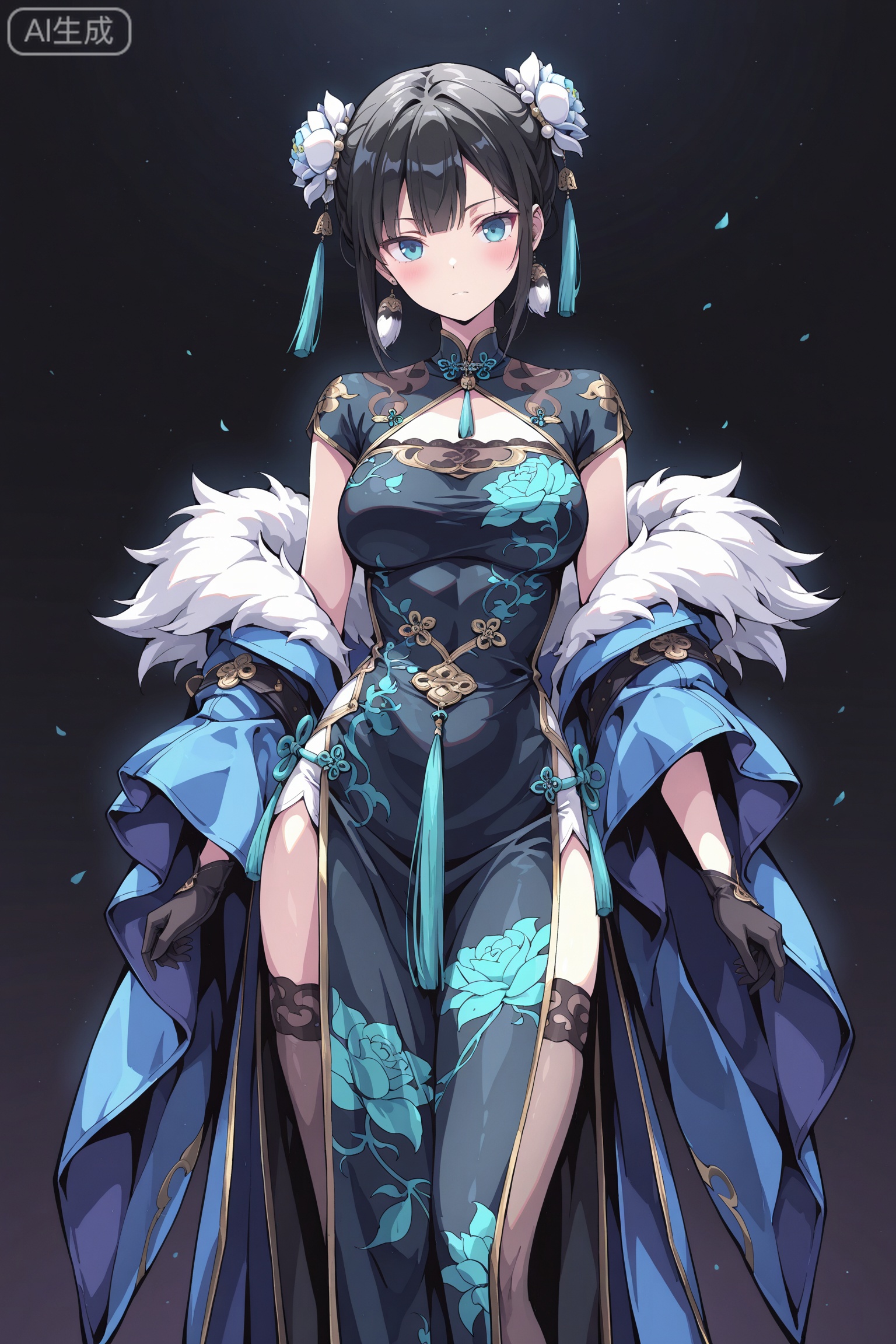 art_TDJ,art_gongfang,
masterpiece,best quality,good quality,newest,year 2024,year 2023,very aesthetic,extreme aesthetic,absurdres,Visual impact,ultra-high resolution,32K UHD,sharp focus,best-quality,masterpiece,Emotionalization,masterpiece,masterful details,
1GIRL, Female character with short black hair and light blue eyes, wearing an ornate Chinese-inspired dress, standing against a dark background; detailed colorful illustration in anime style, showcasing vibrant colors and intricate patterns, conveying a sense of elegance and mystique. 