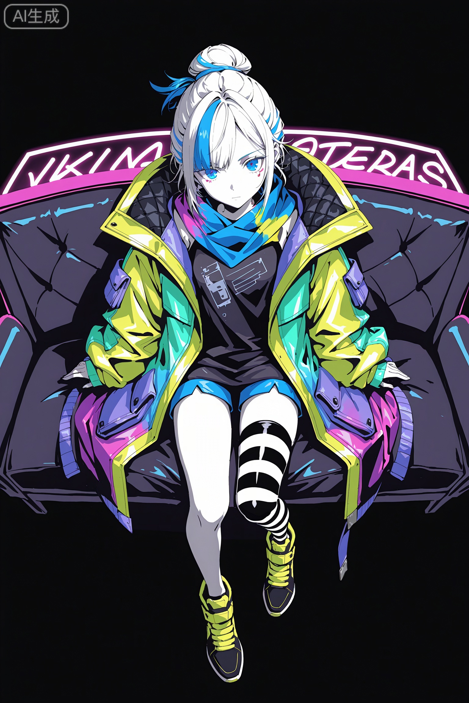 art_TDJ,art_gongfang,
((from above,SITTING ON COUCH)),(((simple background))),
white hair,blue eyes,anime style,futuristic city,neon lights,urban background,colorful outfit,(((oversized jacket,oversize shoes))),green sleeves,black body,purple pockets,blue scarf,asymmetrical design,patchwork details,striped leggings,rainbow colors,high-top sneakers,multicolor shoes,street fashion,cyberpunk aesthetic,confident pose,modern,vibrant,digital art,
1girl,solo,shoes,blue eyes,white hair,looking at viewer,sneakers,single hair bun,asymmetrical legwear,long sleeves,full body,hair bun,thighhighs,sleeves past wrists,bangs,multicolored clothes,short hair,puffy long sleeves,jacket,neon lights,closed mouth,mismatched legwear,blue hair,puffy sleeves,multicolored hair,multicolored jacket,uneven legwear,black footwear,
(artist:carnelian:0.6),(artist:quasarcake:0.4),(wlop:0.3),((honjou raita,lack,rella,wanke):0.3),1girl,
Digital art,illustration,masterpiece,best quality,Delicate eyes,delicate face,black background,masterpiece,best quality,newest,year 2024,year 2023,luxurious and gorgeous,line art,lineart,sketch,