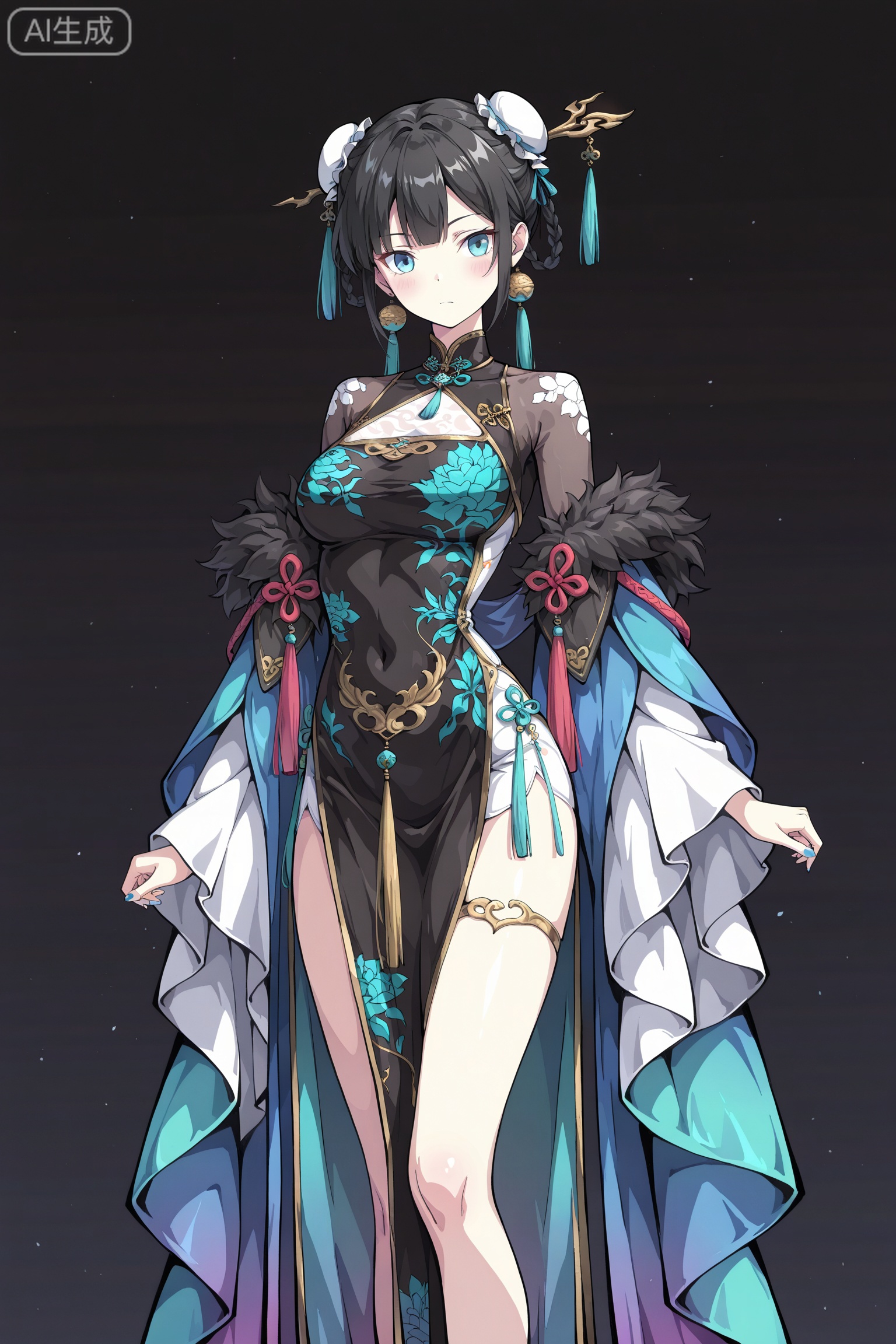 art_TDJ,art_gongfang,
masterpiece,best quality,good quality,newest,year 2024,year 2023,very aesthetic,extreme aesthetic,absurdres,Visual impact,ultra-high resolution,32K UHD,sharp focus,best-quality,masterpiece,Emotionalization,masterpiece,masterful details,
1GIRL, Female character with short black hair and light blue eyes, wearing an ornate Chinese-inspired dress, standing against a dark background; detailed colorful illustration in anime style, showcasing vibrant colors and intricate patterns, conveying a sense of elegance and mystique. 