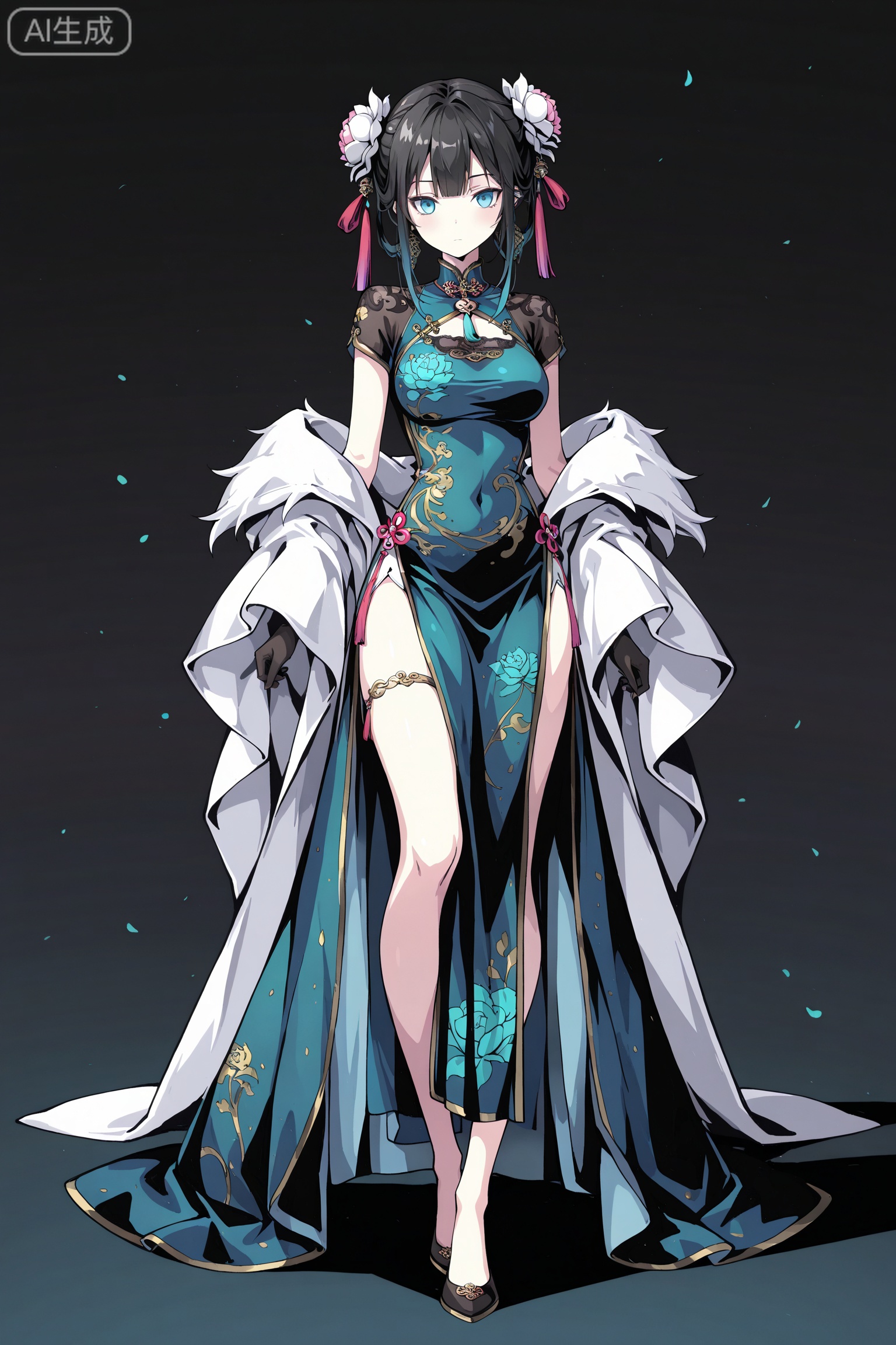 art_TDJ,art_gongfang,
masterpiece,best quality,good quality,newest,year 2024,year 2023,very aesthetic,extreme aesthetic,absurdres,Visual impact,ultra-high resolution,32K UHD,sharp focus,best-quality,masterpiece,Emotionalization,masterpiece,masterful details,
1GIRL, Female character with short black hair and light blue eyes, wearing an ornate Chinese-inspired dress, standing against a dark background; detailed colorful illustration in anime style, showcasing vibrant colors and intricate patterns, conveying a sense of elegance and mystique. 