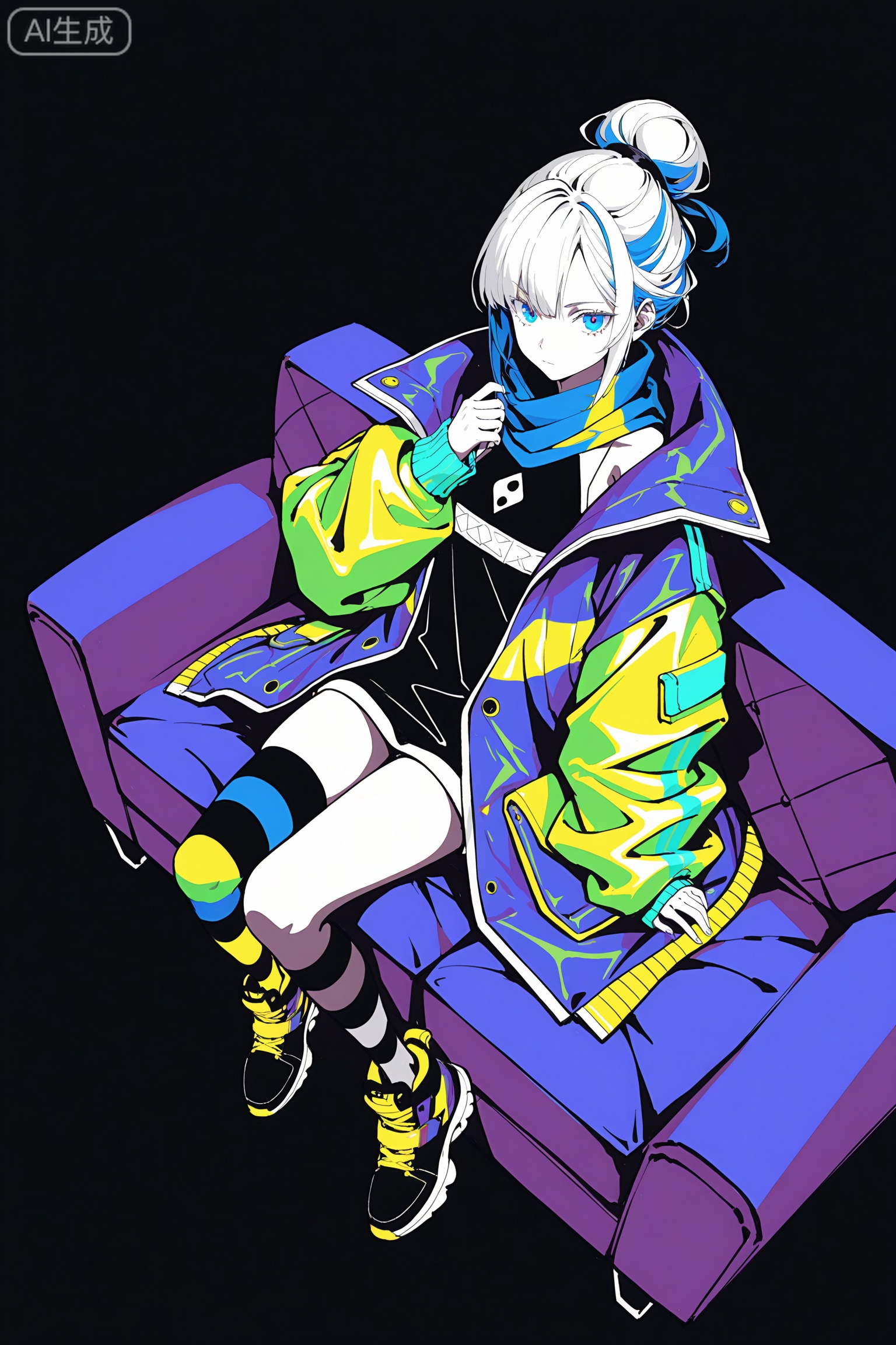 art_TDJ,art_gongfang,
((from above,SITTING ON COUCH)),(((simple background))),
white hair,blue eyes,anime style,futuristic city,neon lights,urban background,colorful outfit,(((oversized jacket,oversize shoes))),green sleeves,black body,purple pockets,blue scarf,asymmetrical design,patchwork details,striped leggings,rainbow colors,high-top sneakers,multicolor shoes,street fashion,cyberpunk aesthetic,confident pose,modern,vibrant,digital art,
1girl,solo,shoes,blue eyes,white hair,looking at viewer,sneakers,single hair bun,asymmetrical legwear,long sleeves,full body,hair bun,thighhighs,sleeves past wrists,bangs,multicolored clothes,short hair,puffy long sleeves,jacket,neon lights,closed mouth,mismatched legwear,blue hair,puffy sleeves,multicolored hair,multicolored jacket,uneven legwear,black footwear,
(artist:carnelian:0.6),(artist:quasarcake:0.4),(wlop:0.3),((honjou raita,lack,rella,wanke):0.3),1girl,
Digital art,illustration,masterpiece,best quality,Delicate eyes,delicate face,black background,masterpiece,best quality,newest,year 2024,year 2023,luxurious and gorgeous,line art,lineart,sketch,