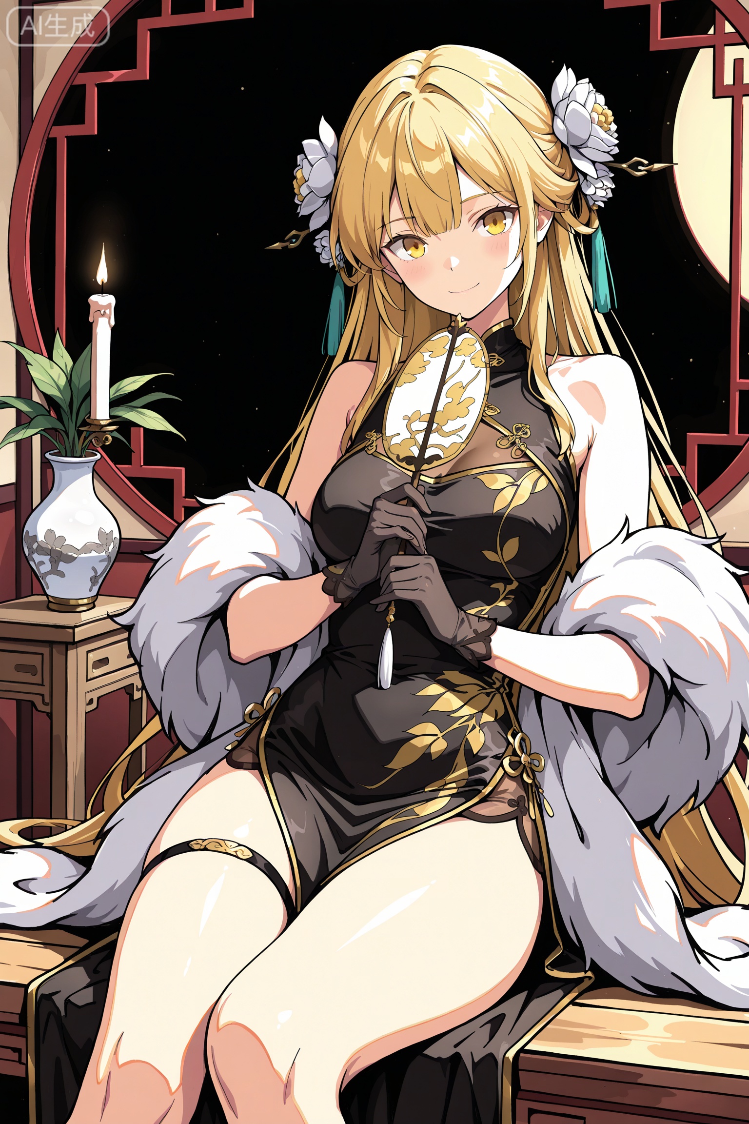 art_TDJ,art_gongfang,
1girl,dress,blonde hair,long hair,solo,gloves,china dress,black dress,chinese clothes,sitting,breasts,looking at viewer,yellow eyes,black gloves,holding,feather boa,bare shoulders,lattice,plant,official alternate costume,thigh strap,sleeveless dress,indoors,holding fan,bangs,hand fan,closed mouth,sleeveless,candle,flower,potted plant,medium breasts,smile,hair ornament,cup,very long hair,hair flower,an illustration of a young woman sitting on a wooden bench in a room with a large window in the background. The woman has long blonde hair and is wearing a black dress with a white fur stole draped over her shoulders. She is holding a book in her hands and appears to be deep in thought. The room is decorated with various items such as a vase with flowers,a candle with a stand,and a potted plant. The overall mood of the image is peaceful and serene.,
//,Digital art,illustration,masterpiece,best quality,Delicate eyes,delicate face,black background,masterpiece,best quality,newest,year 2024,year 2023,luxurious and gorgeous,line art,comic style,lineart,sketch,