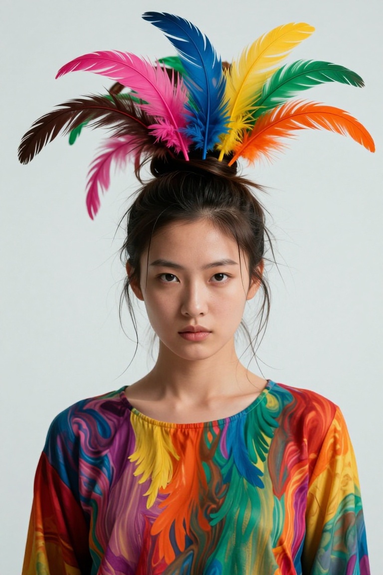 a portrait of a young asian woman with a serious expression on her face. She is standing in front of a plain white backgro...