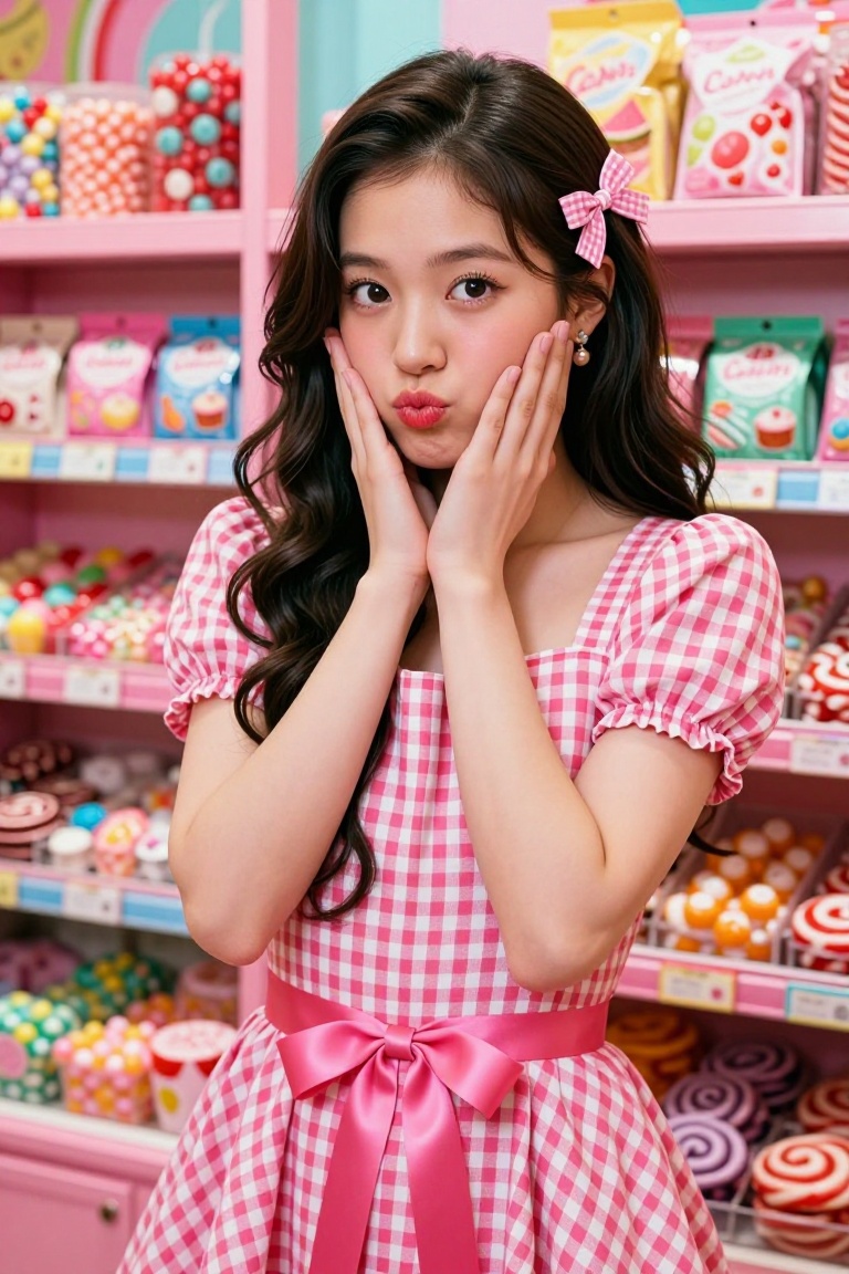 A stunningly beautiful young woman posing playfully in a brightly lit candy shop,  her hands resting gently on her cheeks...