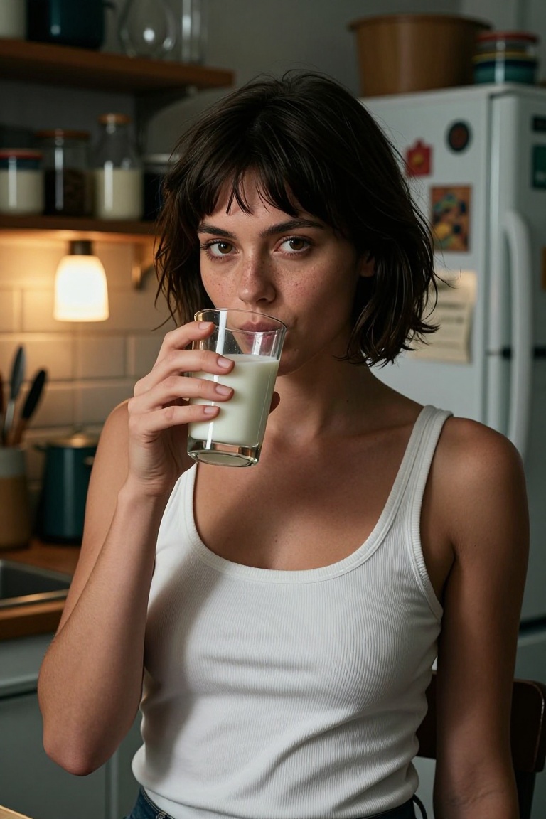 A breathtakingly beautiful young woman sitting in a dimly lit kitchen,  holding a glass of milk up to her lips as if about...