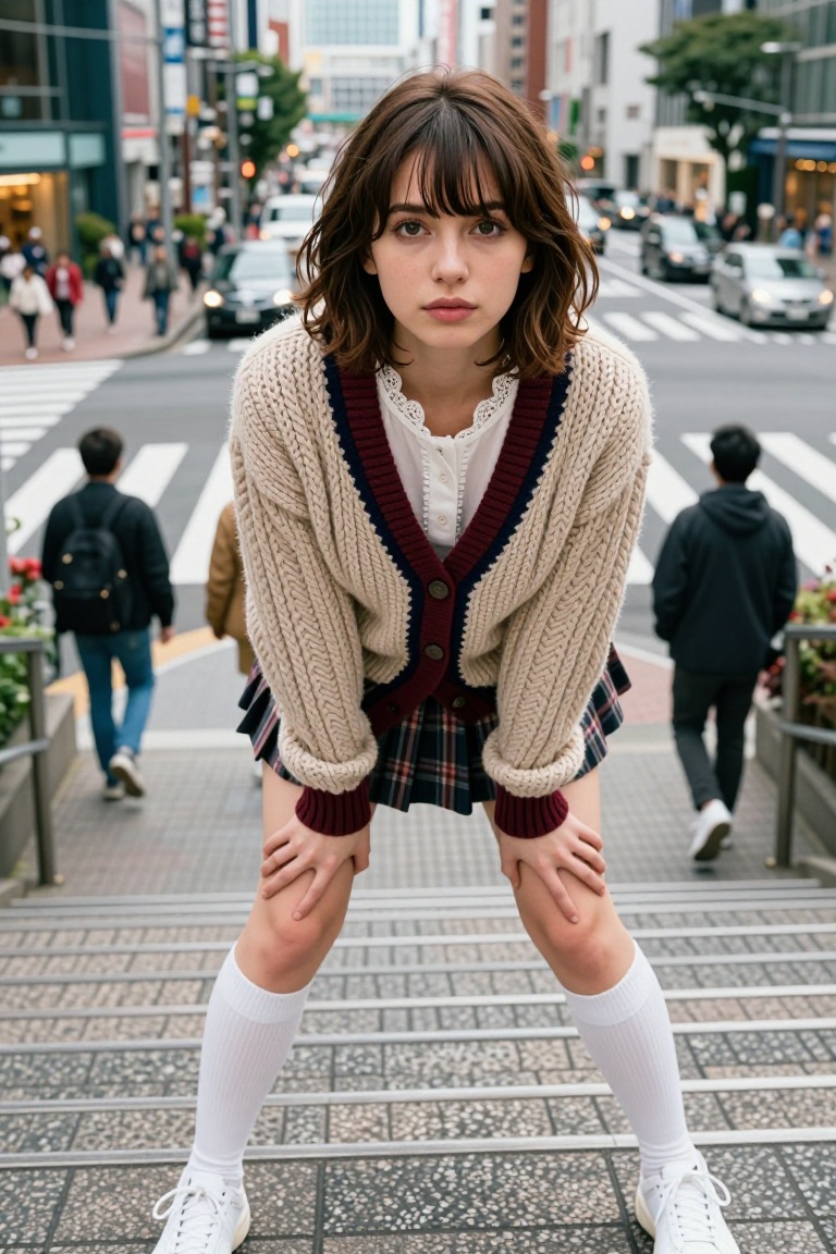 A breathtakingly beautiful young woman posing confidently on a city staircase,  leaning forward with her hands resting on...