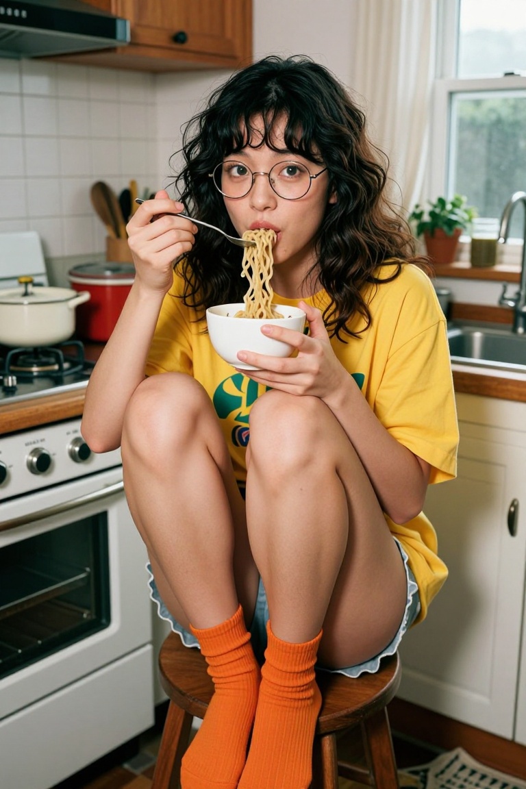 a portrait of a young asian woman sitting on a wooden stool in a messy kitchen. She is wearing a yellow t-shirt with a gre...