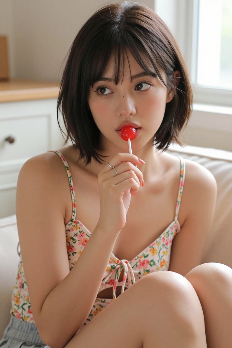 A stunningly beautiful young woman sitting casually indoors,  her head tilted slightly as she gazes thoughtfully toward th...