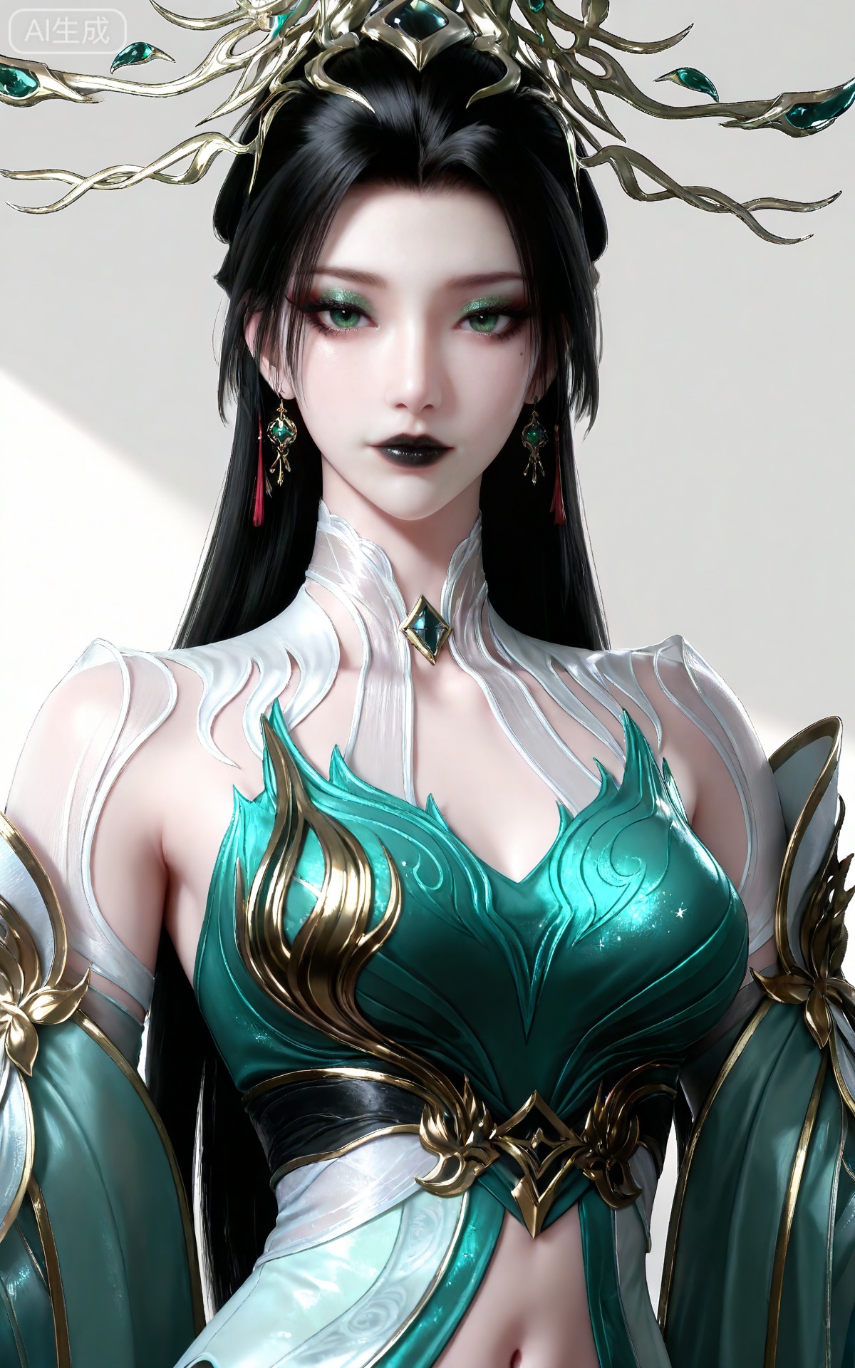 masterpiece,high quality,tall,game cg,highres,(soft light:1.2),white_skin,(shiny_skin:0.6),(realistic:1.1),<lora:2.5D滤镜-000013:0.2>,lvjing,<lora:青萝-000017:0.6>,qingluo,1girl,solo,jewelry,earrings,green dress,clothing cutout,black hair,hair ornament,dress,green eyes,long hair,looking at viewer,white_background,simple background,makeup,eyeshadow,green eyeshadow,glitter,black lipstick,navel,upper_body,