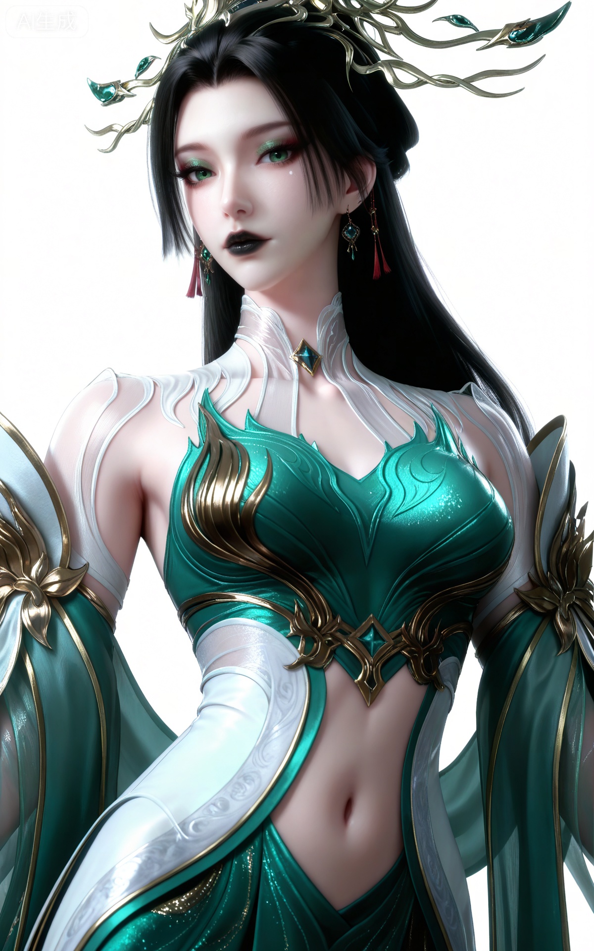 masterpiece,high quality,tall,game cg,highres,(soft light:1.2),white_skin,(shiny_skin:0.6),(realistic:1.1),<lora:2.5D滤镜-000013:0.2>,lvjing,<lora:青萝-000017:0.6>,qingluo,1girl,solo,jewelry,earrings,green dress,clothing cutout,black hair,hair ornament,dress,green eyes,long hair,looking at viewer,white_background,simple background,makeup,eyeshadow,green eyeshadow,glitter,black lipstick,navel,upper_body,