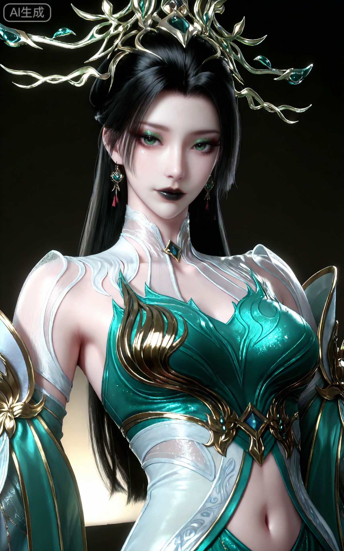 masterpiece,high quality,tall,game cg,highres,(soft light:1.2),white_skin,(shiny_skin:0.6),(realistic:1.1),<lora:2.5D滤镜-000013:0.2>,lvjing,<lora:青萝-000017:0.6>,qingluo,1girl,solo,jewelry,earrings,green dress,clothing cutout,black hair,hair ornament,dress,green eyes,long hair,looking at viewer,white_background,simple background,makeup,eyeshadow,green eyeshadow,glitter,black lipstick,navel,upper_body,