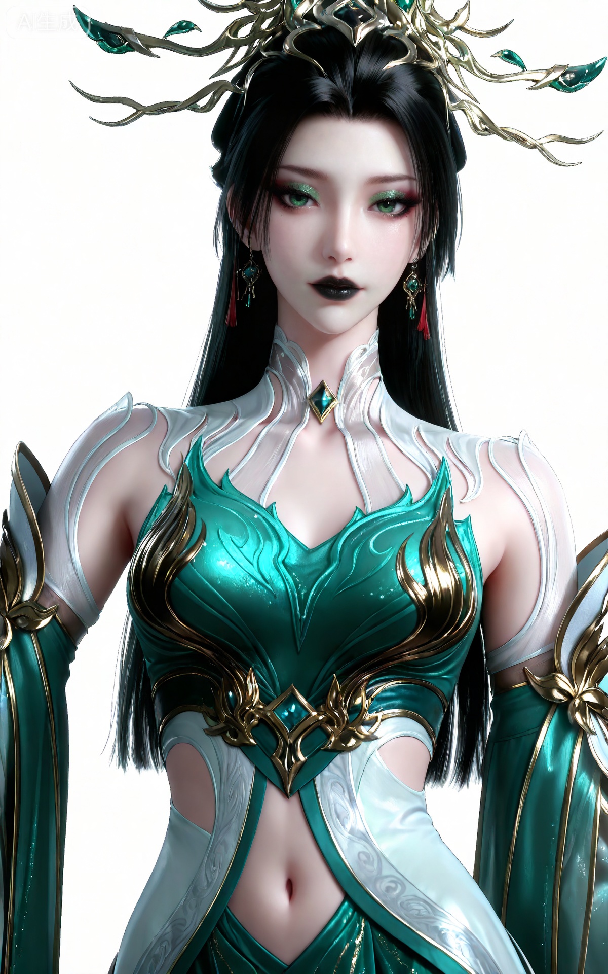 masterpiece,high quality,tall,game cg,highres,(soft light:1.2),white_skin,(shiny_skin:0.6),(realistic:1.1),<lora:2.5D滤镜-000013:0.2>,lvjing,<lora:青萝-000017:0.6>,qingluo,1girl,solo,jewelry,earrings,green dress,clothing cutout,black hair,hair ornament,dress,green eyes,long hair,looking at viewer,white_background,simple background,makeup,eyeshadow,green eyeshadow,glitter,black lipstick,navel,upper_body,