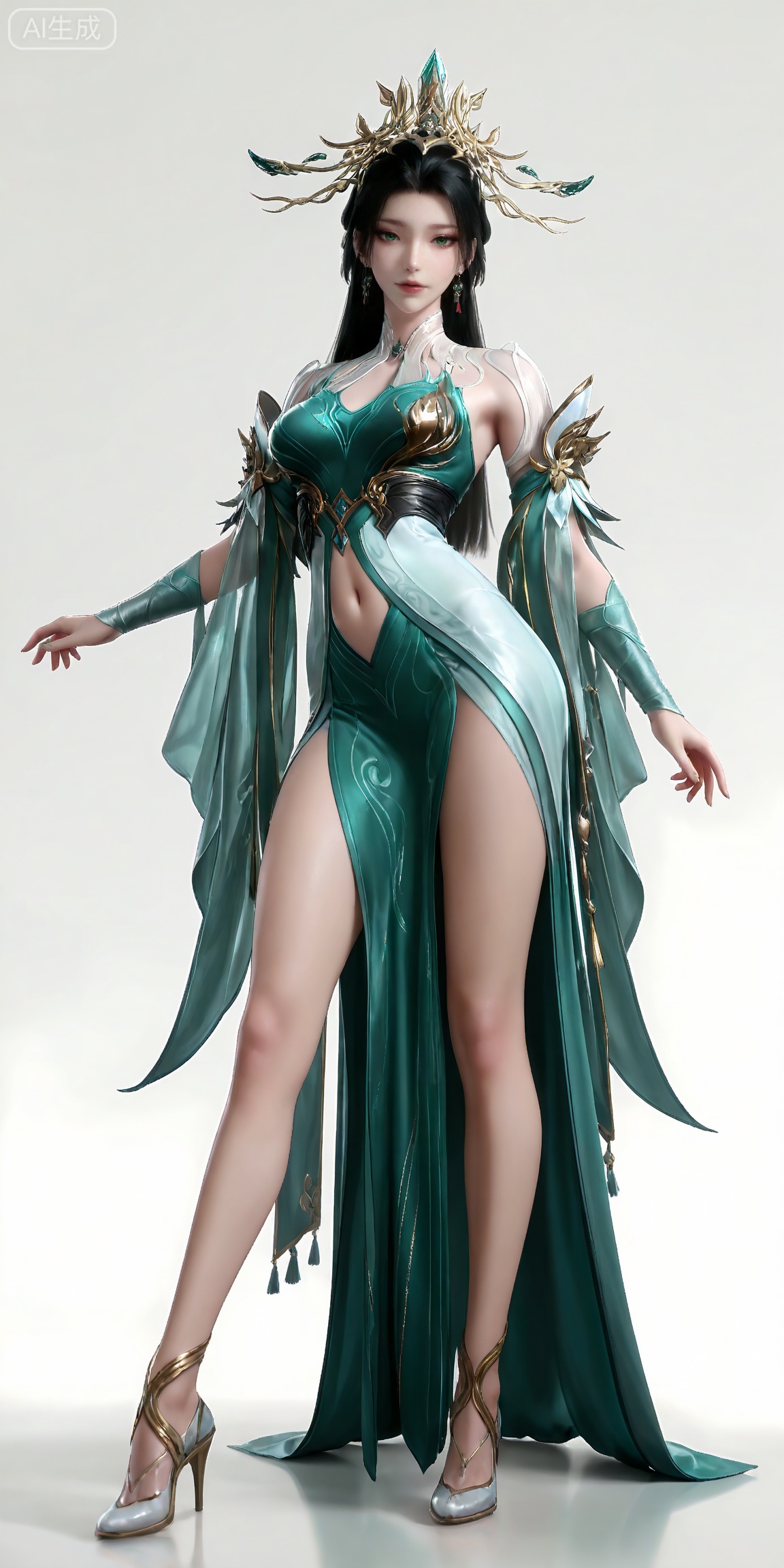 masterpiece,high quality,tall,game cg,highres,(soft light:1.2),white_skin,(shiny_skin:0.6),(realistic:1.1),,lvjing,,qingluo,1girl,solo,jewelry,navel,earrings,green dress,clothing cutout,black hair,hair ornament,dress,green eyes,long hair,navel cutout,looking at viewer,legs,long legs,high_heels,standing,full body,white_background,simple background,