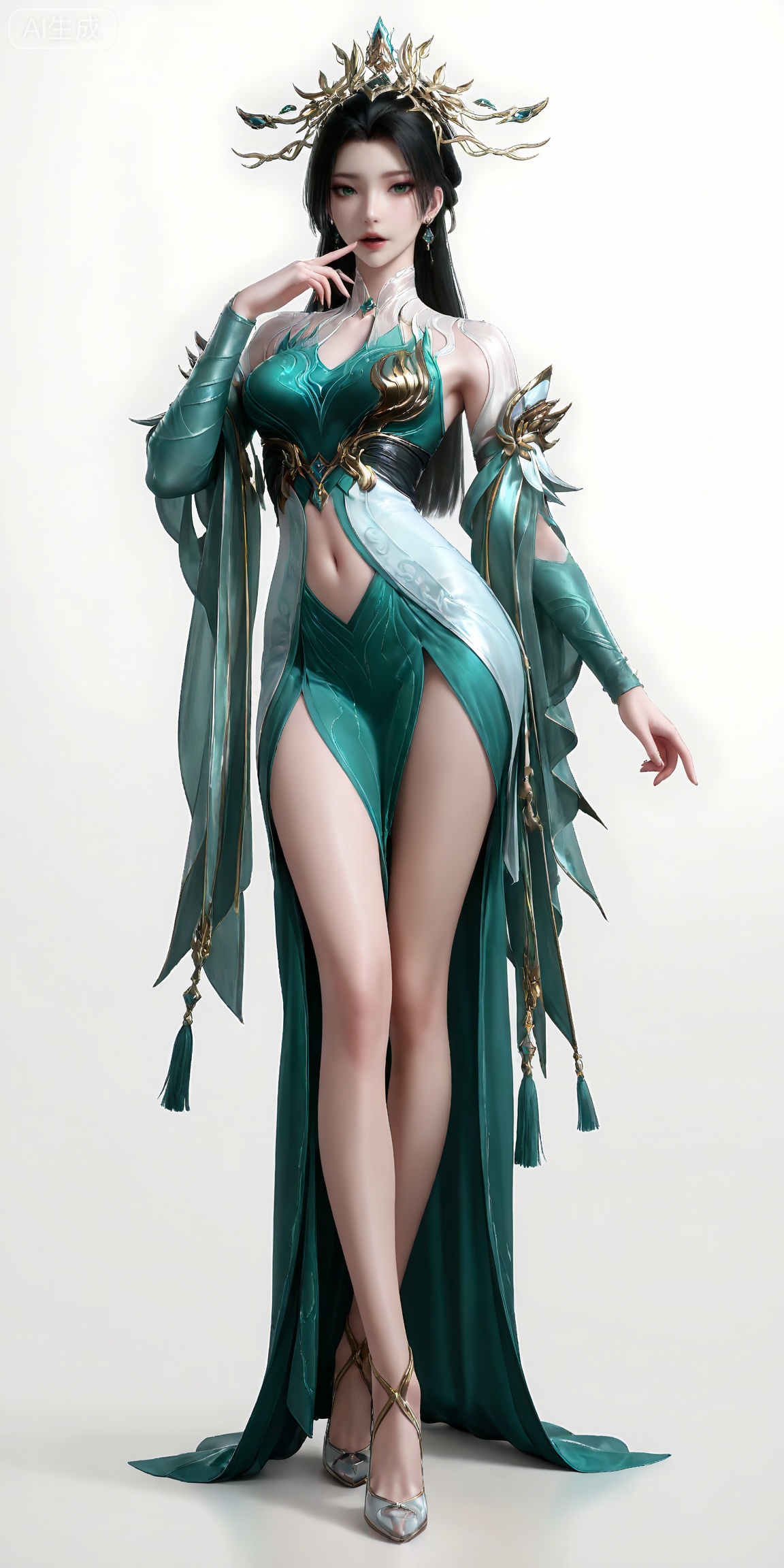 masterpiece,high quality,tall,game cg,highres,(soft light:1.2),white_skin,(shiny_skin:0.6),(realistic:1.1),,lvjing,,qingluo,1girl,solo,jewelry,navel,earrings,green dress,clothing cutout,black hair,hair ornament,dress,green eyes,long hair,navel cutout,looking at viewer,finger to mouth,legs,long legs,high_heels,standing,full body,white_background,simple background,