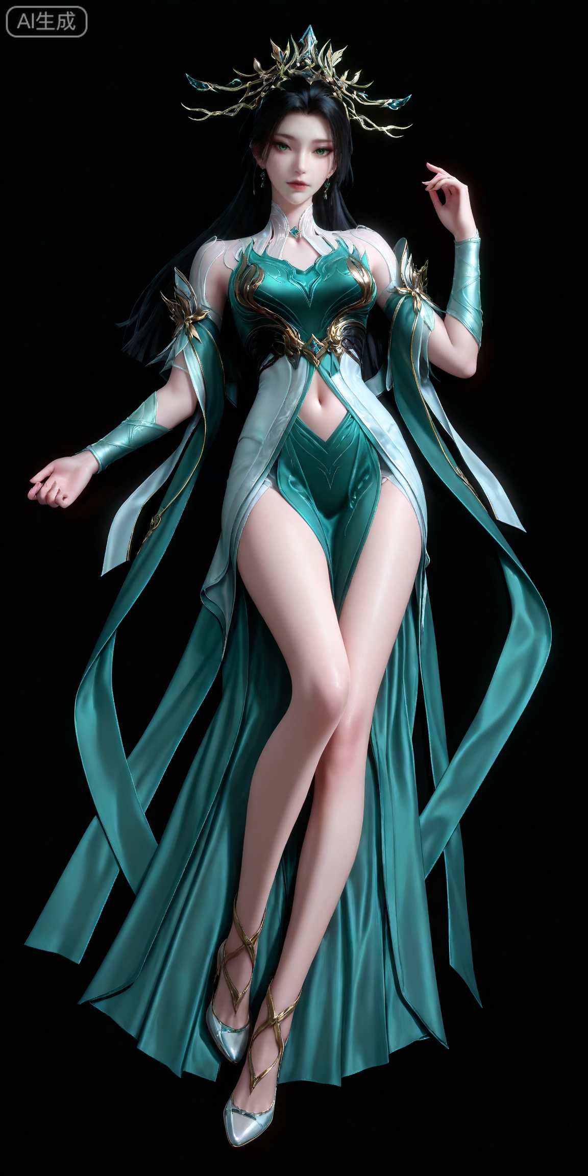masterpiece,high quality,tall,game cg,highres,(soft light:1.2),white_skin,(shiny_skin:0.6),(realistic:1.1),,lvjing,,qingluo,1girl,solo,jewelry,navel,earrings,green dress,clothing cutout,black hair,hair ornament,dress,green eyes,long hair,navel cutout,looking at viewer,legs,long legs,high_heels,full body,black_background,simple background,lying,on back,