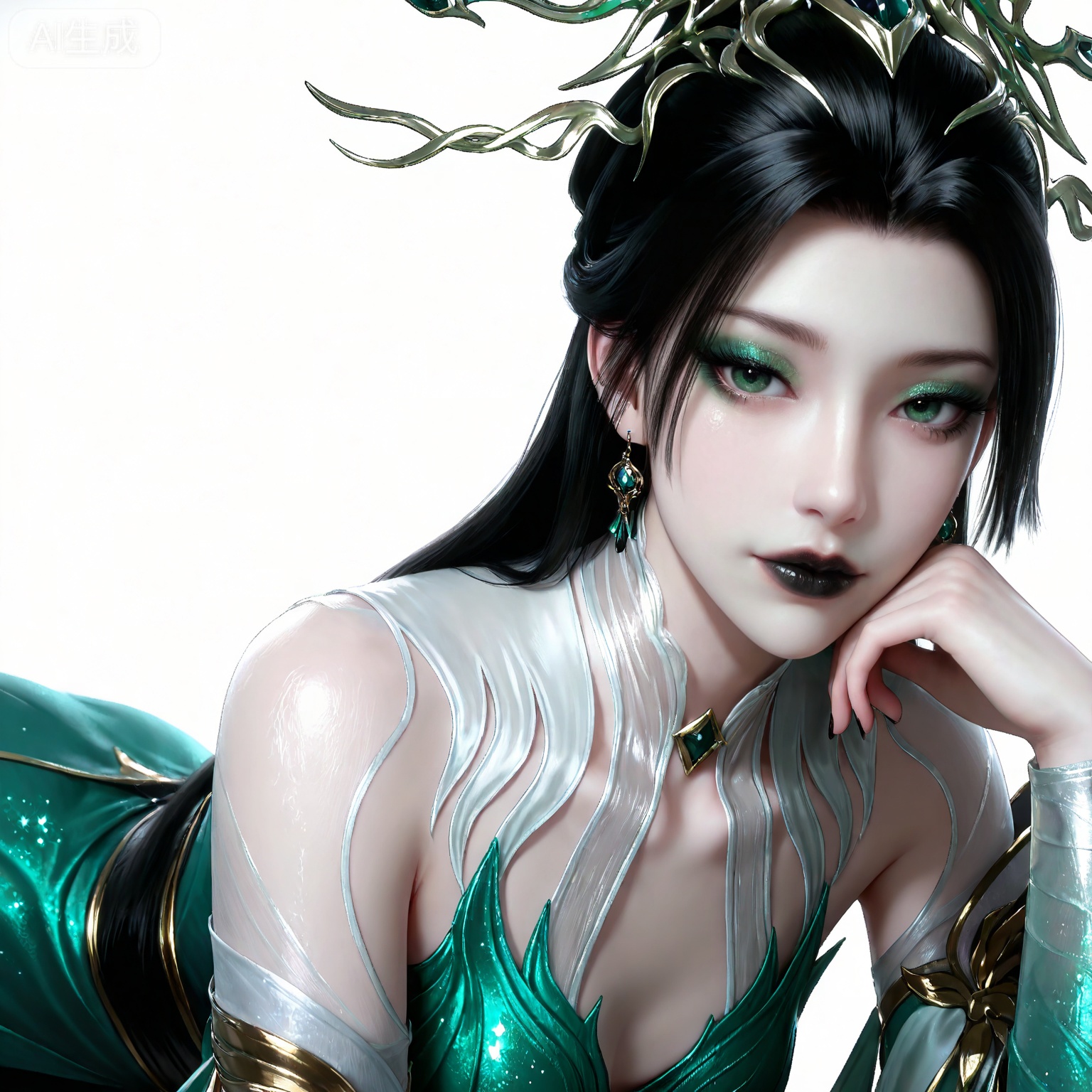 masterpiece,high quality,tall,game cg,highres,(soft light:1.2),white_skin,(shiny_skin:0.6),(realistic:1.1),,lvjing,,qingluo,1girl,solo,jewelry,earrings,green dress,clothing cutout,black hair,hair ornament,dress,green eyes,long hair,looking at viewer,white_background,simple background,makeup,eyeshadow,green eyeshadow,glitter,black lipstick,