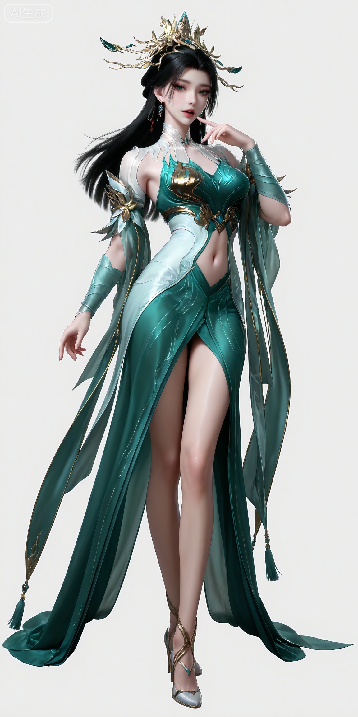 masterpiece,high quality,tall,game cg,highres,(soft light:1.2),white_skin,(shiny_skin:0.6),(realistic:1.1),,lvjing,,qingluo,1girl,solo,jewelry,navel,earrings,green dress,clothing cutout,black hair,hair ornament,dress,green eyes,long hair,navel cutout,looking at viewer,finger to mouth,legs,long legs,high_heels,standing,full body,white_background,simple background,