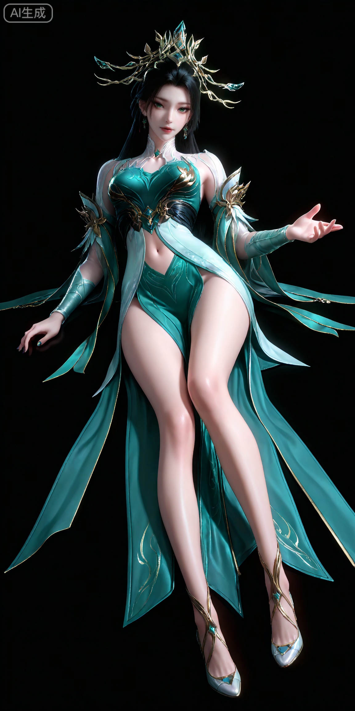 masterpiece,high quality,tall,game cg,highres,(soft light:1.2),white_skin,(shiny_skin:0.6),(realistic:1.1),,lvjing,,qingluo,1girl,solo,jewelry,navel,earrings,green dress,clothing cutout,black hair,hair ornament,dress,green eyes,long hair,navel cutout,looking at viewer,legs,long legs,high_heels,full body,black_background,simple background,lying,on back,