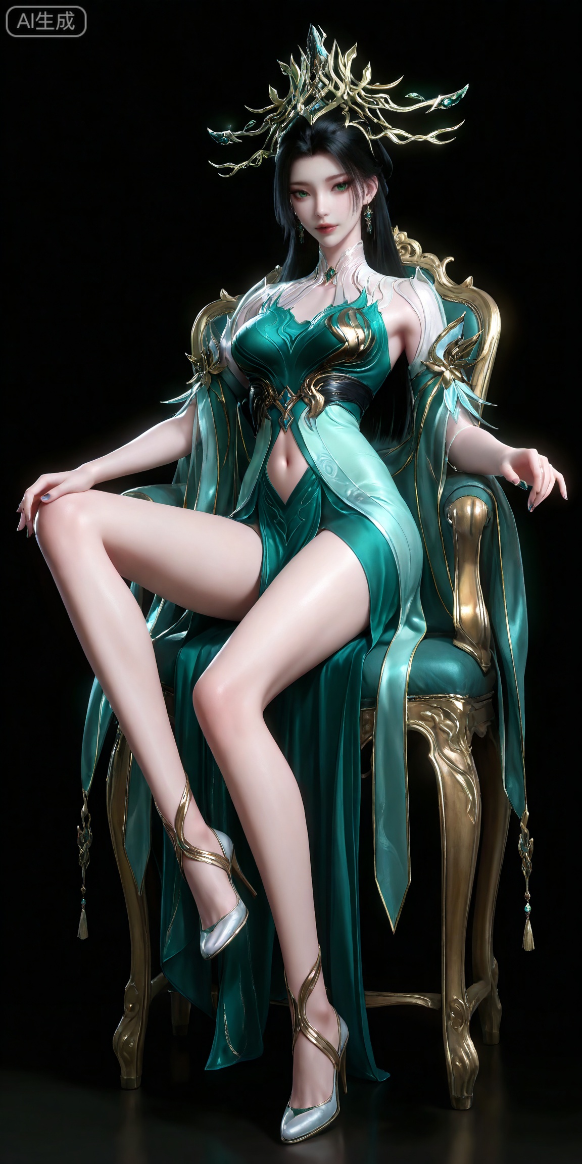 masterpiece,high quality,tall,game cg,highres,(soft light:1.2),white_skin,(shiny_skin:0.6),(realistic:1.1),,lvjing,,qingluo,1girl,solo,jewelry,navel,earrings,green dress,clothing cutout,black hair,hair ornament,dress,green eyes,long hair,navel cutout,looking at viewer,legs,long legs,high_heels,full body,black_background,simple background,sitting,chair,