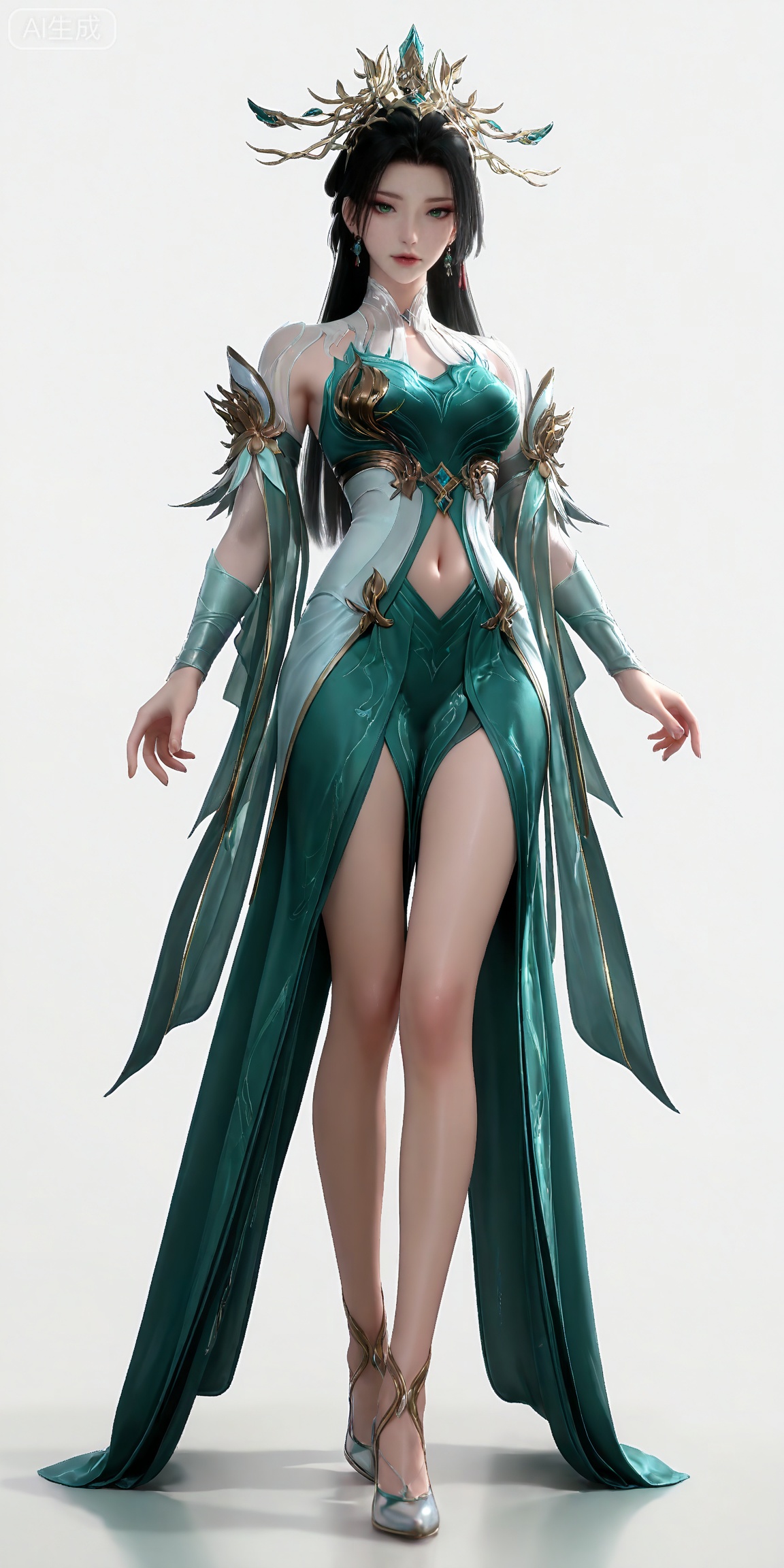 masterpiece,high quality,tall,game cg,highres,(soft light:1.2),white_skin,(shiny_skin:0.6),(realistic:1.1),,lvjing,,qingluo,1girl,solo,jewelry,navel,earrings,green dress,clothing cutout,black hair,hair ornament,dress,green eyes,long hair,navel cutout,looking at viewer,legs,long legs,high_heels,standing,full body,white_background,simple background,