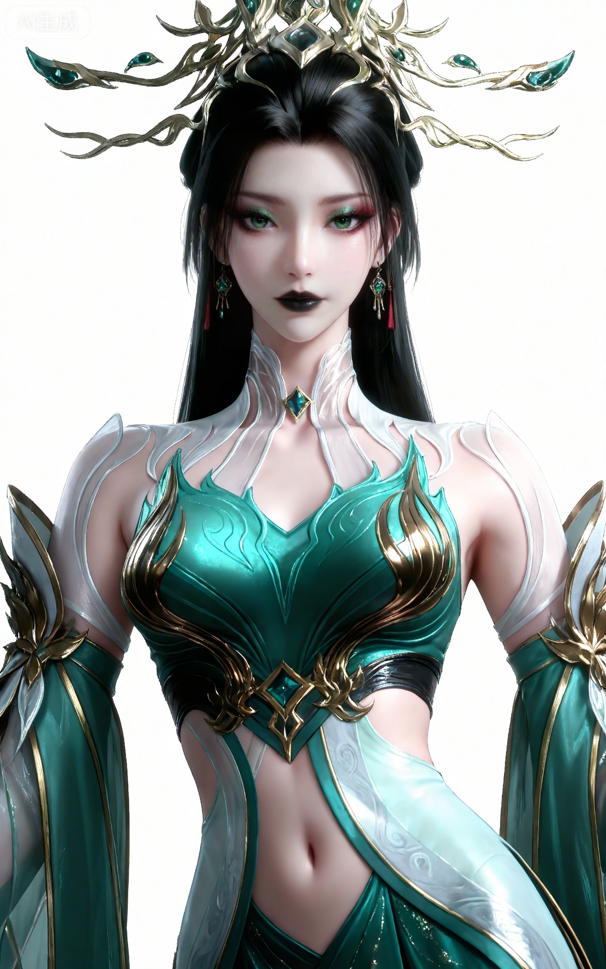 masterpiece,high quality,tall,game cg,highres,(soft light:1.2),white_skin,(shiny_skin:0.6),(realistic:1.1),<lora:2.5D滤镜-000013:0.2>,lvjing,<lora:青萝-000017:0.6>,qingluo,1girl,solo,jewelry,earrings,green dress,clothing cutout,black hair,hair ornament,dress,green eyes,long hair,looking at viewer,white_background,simple background,makeup,eyeshadow,green eyeshadow,glitter,black lipstick,navel,upper_body,