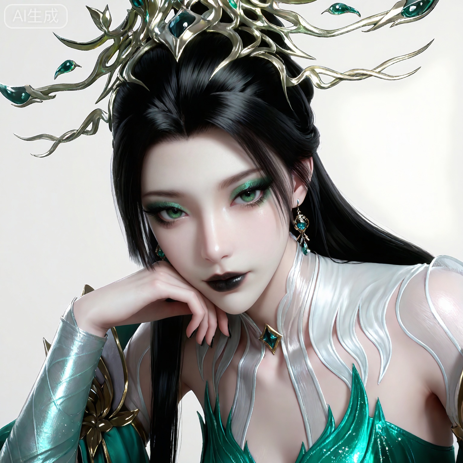 masterpiece,high quality,tall,game cg,highres,(soft light:1.2),white_skin,(shiny_skin:0.6),(realistic:1.1),,lvjing,,qingluo,1girl,solo,jewelry,earrings,green dress,clothing cutout,black hair,hair ornament,dress,green eyes,long hair,looking at viewer,white_background,simple background,makeup,eyeshadow,green eyeshadow,glitter,black lipstick,
