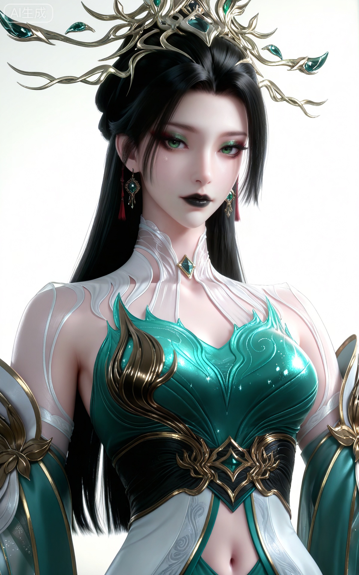 masterpiece,high quality,tall,game cg,highres,(soft light:1.2),white_skin,(shiny_skin:0.6),(realistic:1.1),<lora:2.5D滤镜-000013:0.2>,lvjing,<lora:青萝-000017:0.6>,qingluo,1girl,solo,jewelry,earrings,green dress,clothing cutout,black hair,hair ornament,dress,green eyes,long hair,looking at viewer,white_background,simple background,makeup,eyeshadow,green eyeshadow,glitter,black lipstick,navel,upper_body,