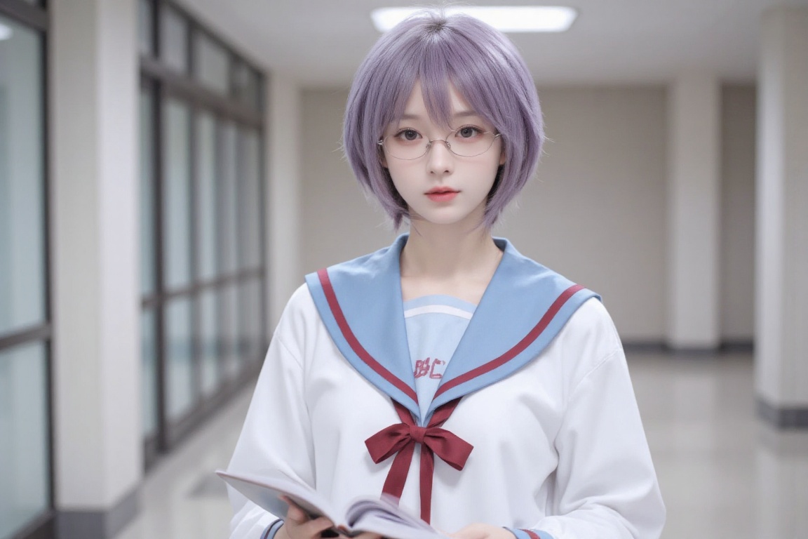 Create a realistic image of Yuki wearing a Kita High School uniform with a blue sailor collar and a red ribbon. Her hair i...