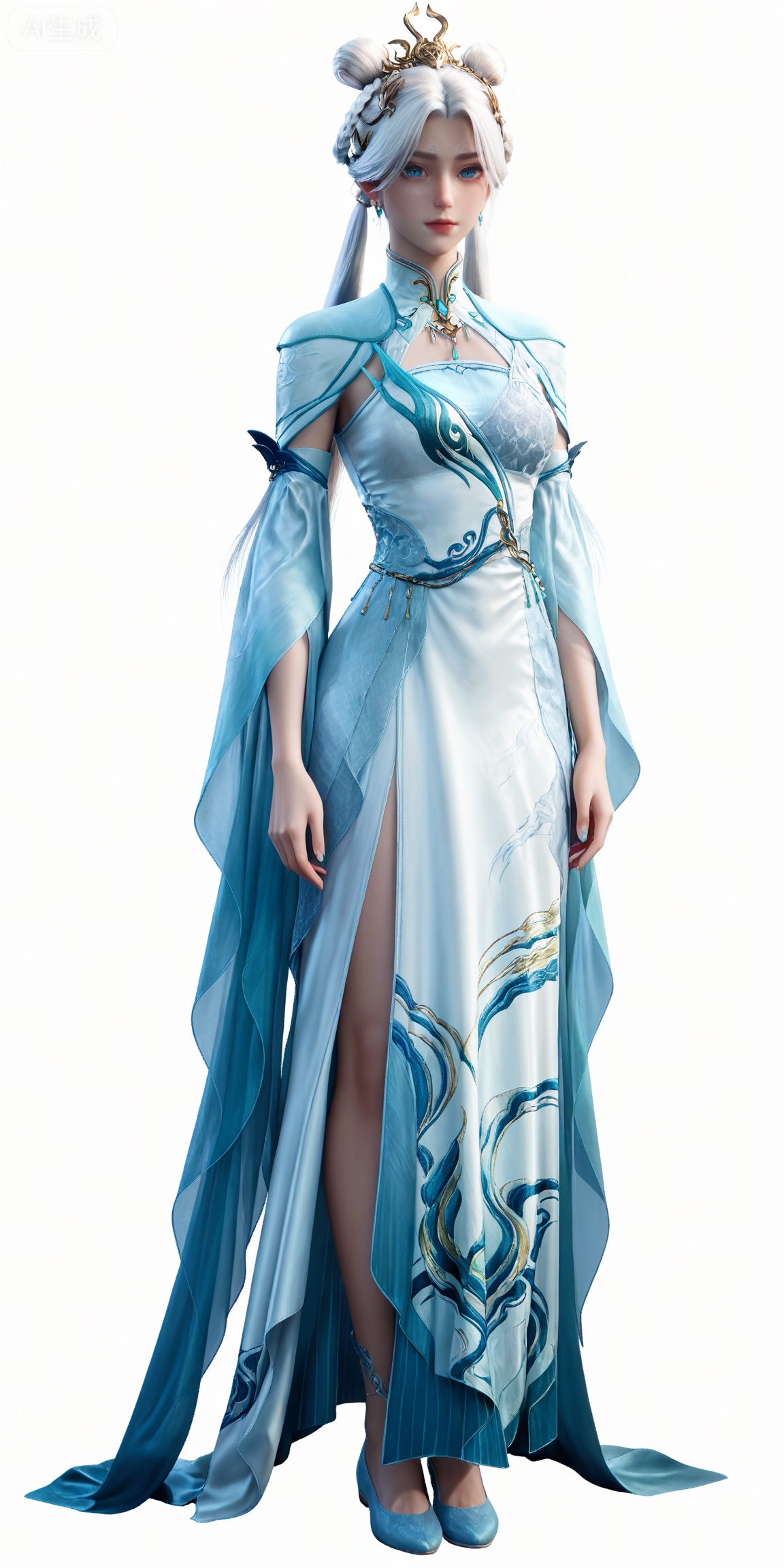 jianling,
masterpiece,high quality,tall,game cg,highres,(soft light:1.2),white_skin,(shiny_skin:0.6),(realistic:1.1),,lvjing,,dijian,1girl,solo,full body,dress,white background,blue eyes,hair bun,standing,blue footwear,chinese clothes,hair rings,long hair,simple background,looking at viewer,jewelry,white dress,white hair,hair ornament,double bun,earrings,