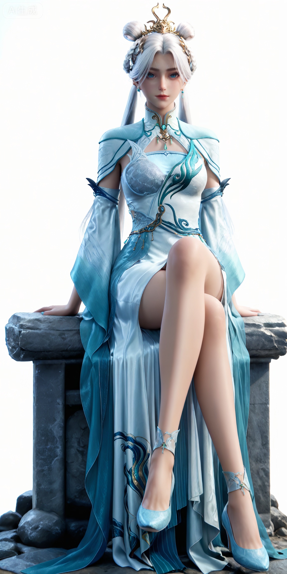 jianling,
masterpiece,high quality,tall,game cg,highres,(soft light:1.2),white_skin,(shiny_skin:0.6),(realistic:1.1),,lvjing,,dijian,1girl,solo,full body,dress,white background,blue eyes,hair bun,blue footwear,chinese clothes,hair rings,long hair,simple background,looking at viewer,jewelry,white dress,white hair,hair ornament,double bun,earrings,sitting,stone,legs,long legs,high_heels,