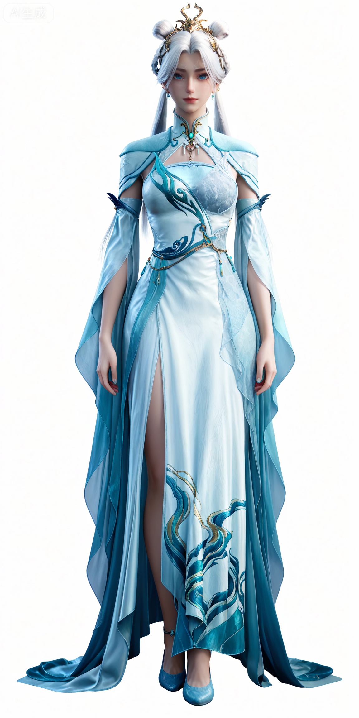 jianling,
masterpiece,high quality,tall,game cg,highres,(soft light:1.2),white_skin,(shiny_skin:0.6),(realistic:1.1),,lvjing,,dijian,1girl,solo,full body,dress,white background,blue eyes,hair bun,standing,blue footwear,chinese clothes,hair rings,long hair,simple background,looking at viewer,jewelry,white dress,white hair,hair ornament,double bun,earrings,