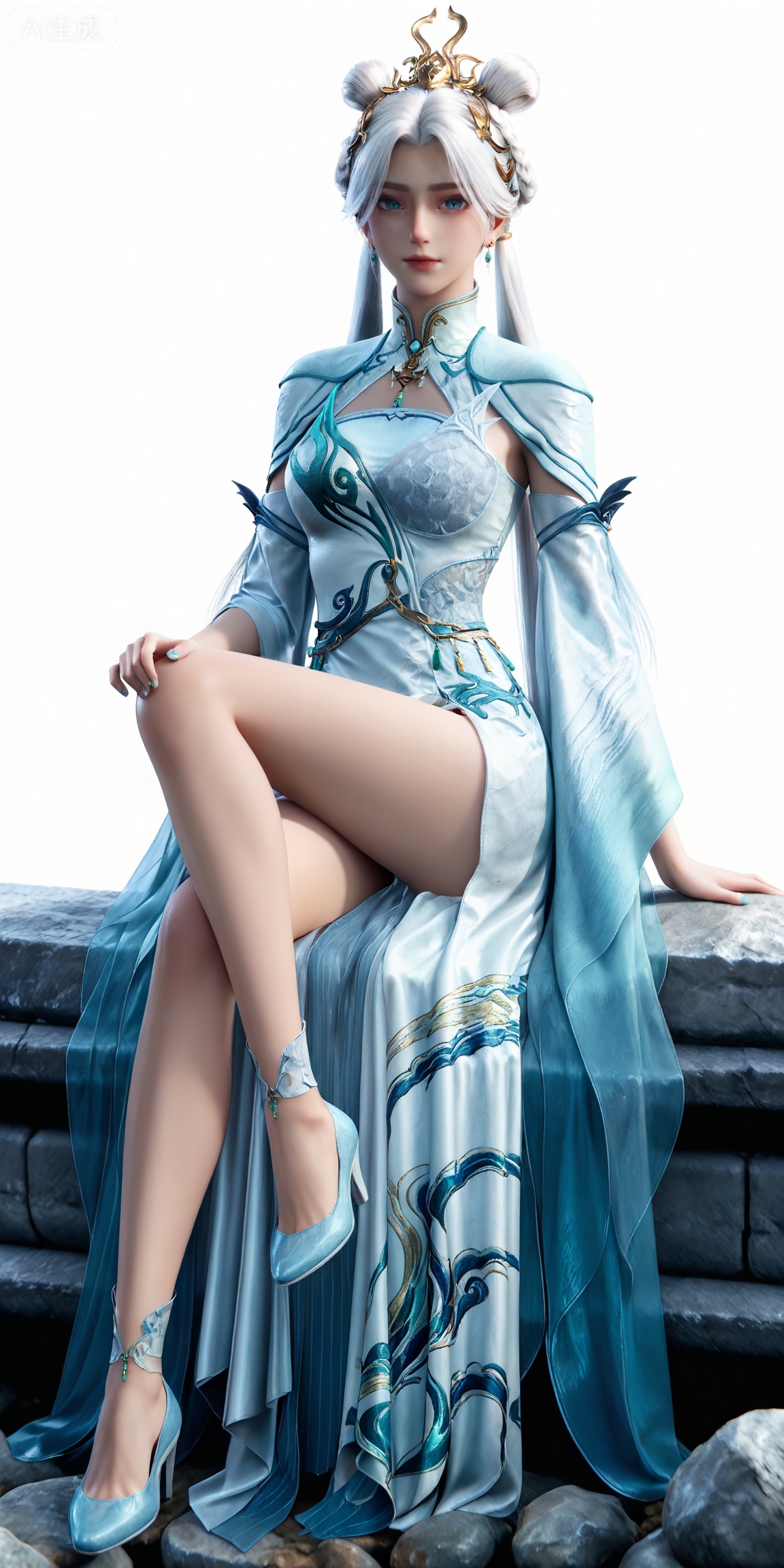 jianling,
masterpiece,high quality,tall,game cg,highres,(soft light:1.2),white_skin,(shiny_skin:0.6),(realistic:1.1),,lvjing,,dijian,1girl,solo,full body,dress,white background,blue eyes,hair bun,blue footwear,chinese clothes,hair rings,long hair,simple background,looking at viewer,jewelry,white dress,white hair,hair ornament,double bun,earrings,sitting,stone,legs,long legs,high_heels,