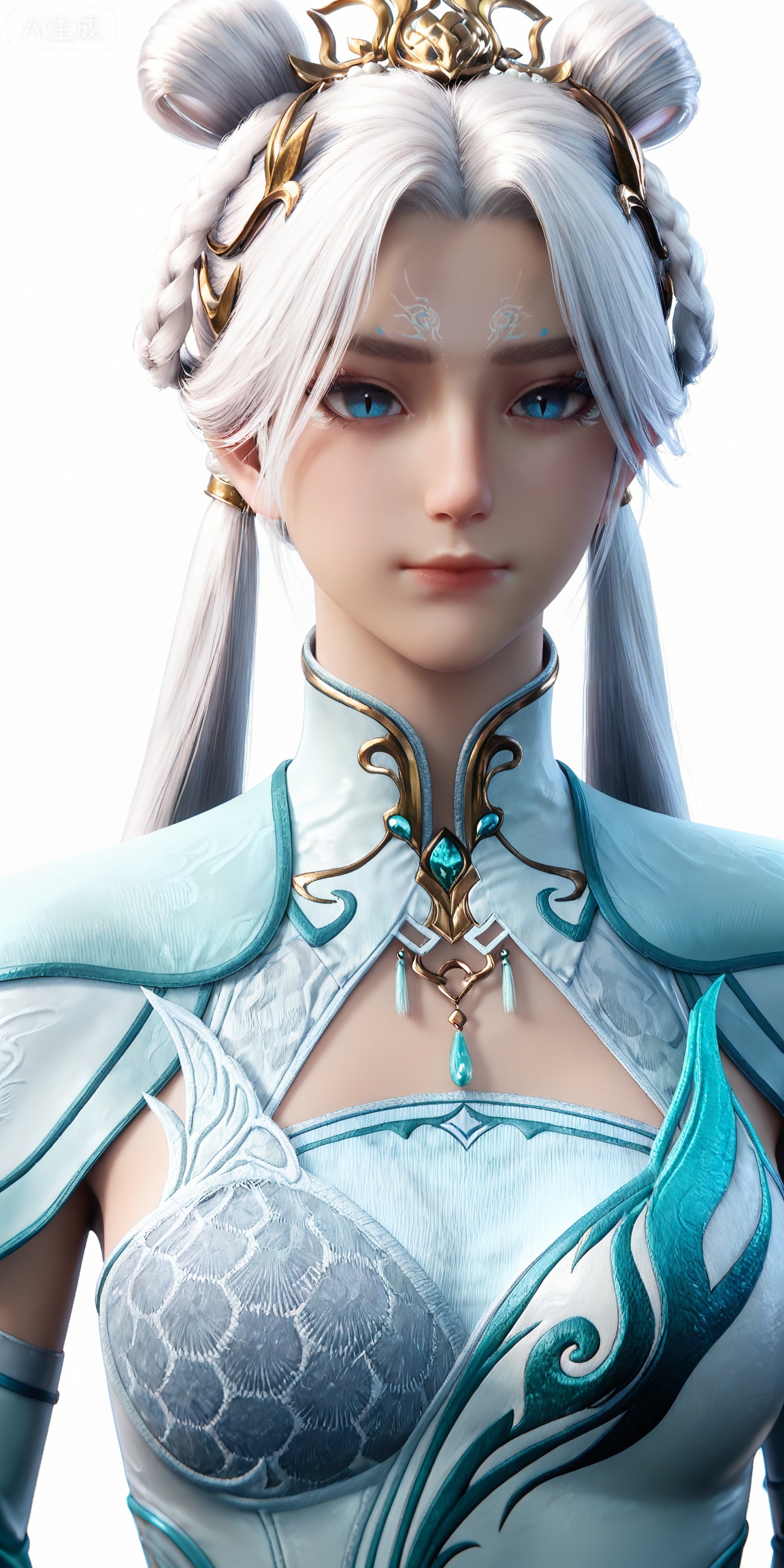 masterpiece,high quality,tall,game cg,highres,(soft light:1.2),white_skin,(shiny_skin:0.6),(realistic:1.1),,lvjing,,dijian,1girl,solo,blue eyes,white background,upper body,long hair,hair rings,white hair,twintails,chinese clothes,dress,facial mark,forehead mark,simple background,hair bun,looking at viewer,white dress,closed mouth,braid,jewelry,hair ornament,double bun,breasts,clothing cutout,jianling