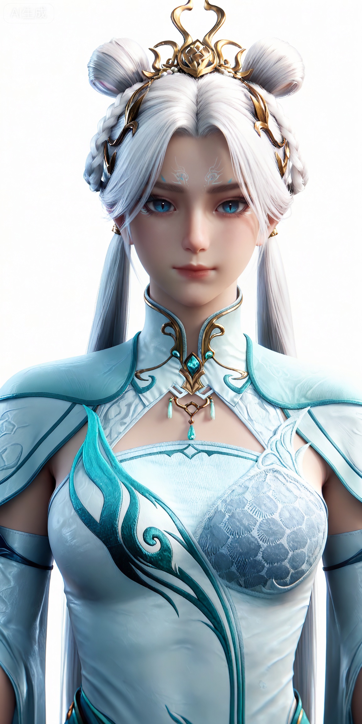 masterpiece,high quality,tall,game cg,highres,(soft light:1.2),white_skin,(shiny_skin:0.6),(realistic:1.1),,lvjing,,dijian,1girl,solo,blue eyes,white background,upper body,long hair,hair rings,white hair,twintails,chinese clothes,dress,facial mark,forehead mark,simple background,hair bun,looking at viewer,white dress,closed mouth,braid,jewelry,hair ornament,double bun,breasts,clothing cutout,


