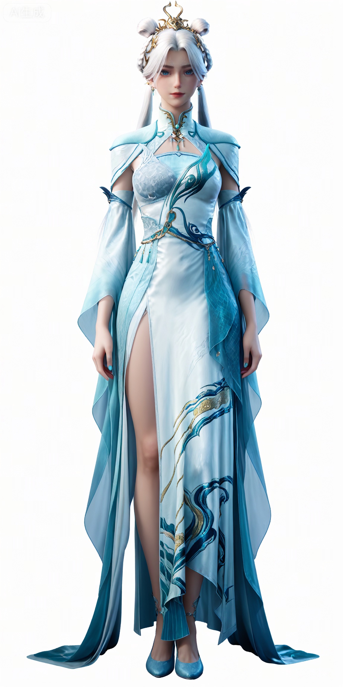 jianling,
masterpiece,high quality,tall,game cg,highres,(soft light:1.2),white_skin,(shiny_skin:0.6),(realistic:1.1),,lvjing,,dijian,1girl,solo,full body,dress,white background,blue eyes,hair bun,standing,blue footwear,chinese clothes,hair rings,long hair,simple background,looking at viewer,jewelry,white dress,white hair,hair ornament,double bun,earrings,