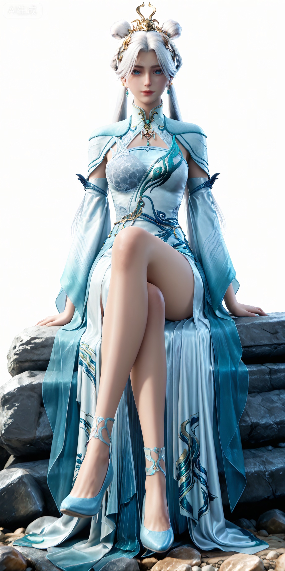 jianling,
masterpiece,high quality,tall,game cg,highres,(soft light:1.2),white_skin,(shiny_skin:0.6),(realistic:1.1),,lvjing,,dijian,1girl,solo,full body,dress,white background,blue eyes,hair bun,blue footwear,chinese clothes,hair rings,long hair,simple background,looking at viewer,jewelry,white dress,white hair,hair ornament,double bun,earrings,sitting,stone,legs,long legs,high_heels,
