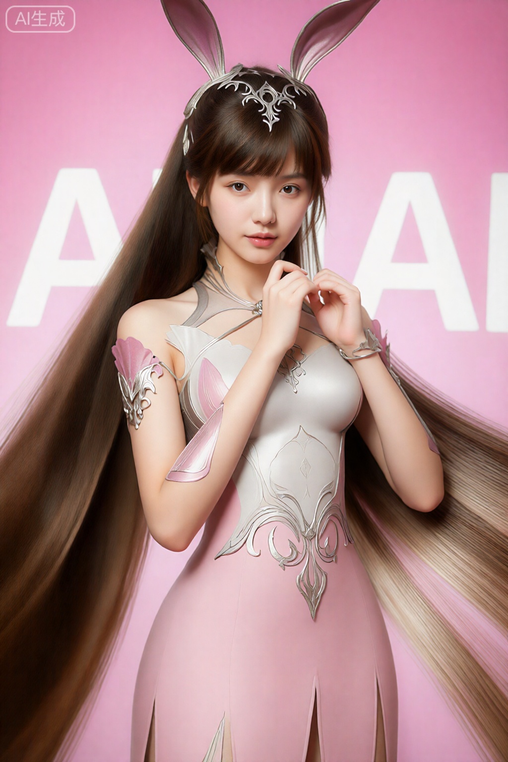 这是一张非常详细的数码照片,展示了一位亚洲女性角色扮演的奇幻角色。她有一头带刘海的棕色长直发,戴着带有兔子耳朵的银色王冠。她的服装是银色和粉色的铠甲连衣裙,设计复杂,露肩袖和飘逸的粉色裙子。她站在粉红色的渐变背景下,背景上有大的白色字母。她的右手举至下巴,左臂放在身侧。图像质感柔和、有光泽,灯光衬托出她光滑白皙的皮肤和精致的五官。。。,小舞