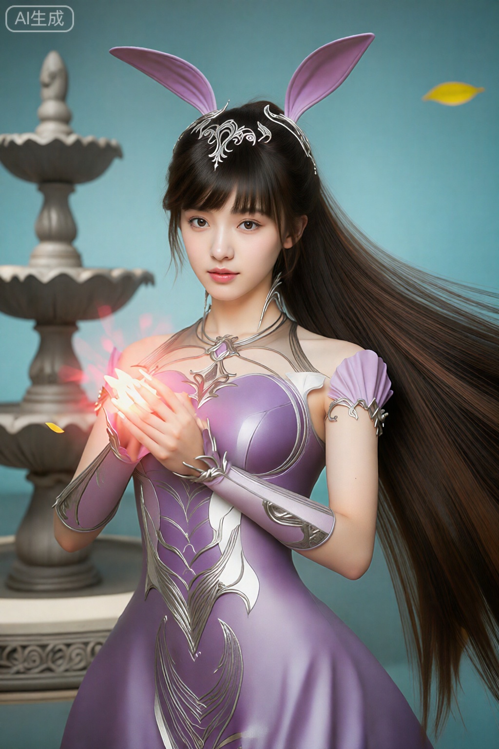 描绘的是一位年轻的亚洲女性,皮肤白皙,长发为深棕色,扎着高马尾辫,顶部有紫色兔耳。她五官精致,穿着一件精致的紫色和银色奇幻风格连衣裙,上面有复杂的漩涡图案。她手里拿着一朵发光的粉红色花朵,花瓣在她周围漂浮。她的连衣裙采用蓬松短袖和高领设计,并饰有银色配饰。她戴着一顶中央饰有银色头饰的头饰。背景是柔和的蓝绿色,有模糊华丽的喷泉和飘落的树叶。。,小舞