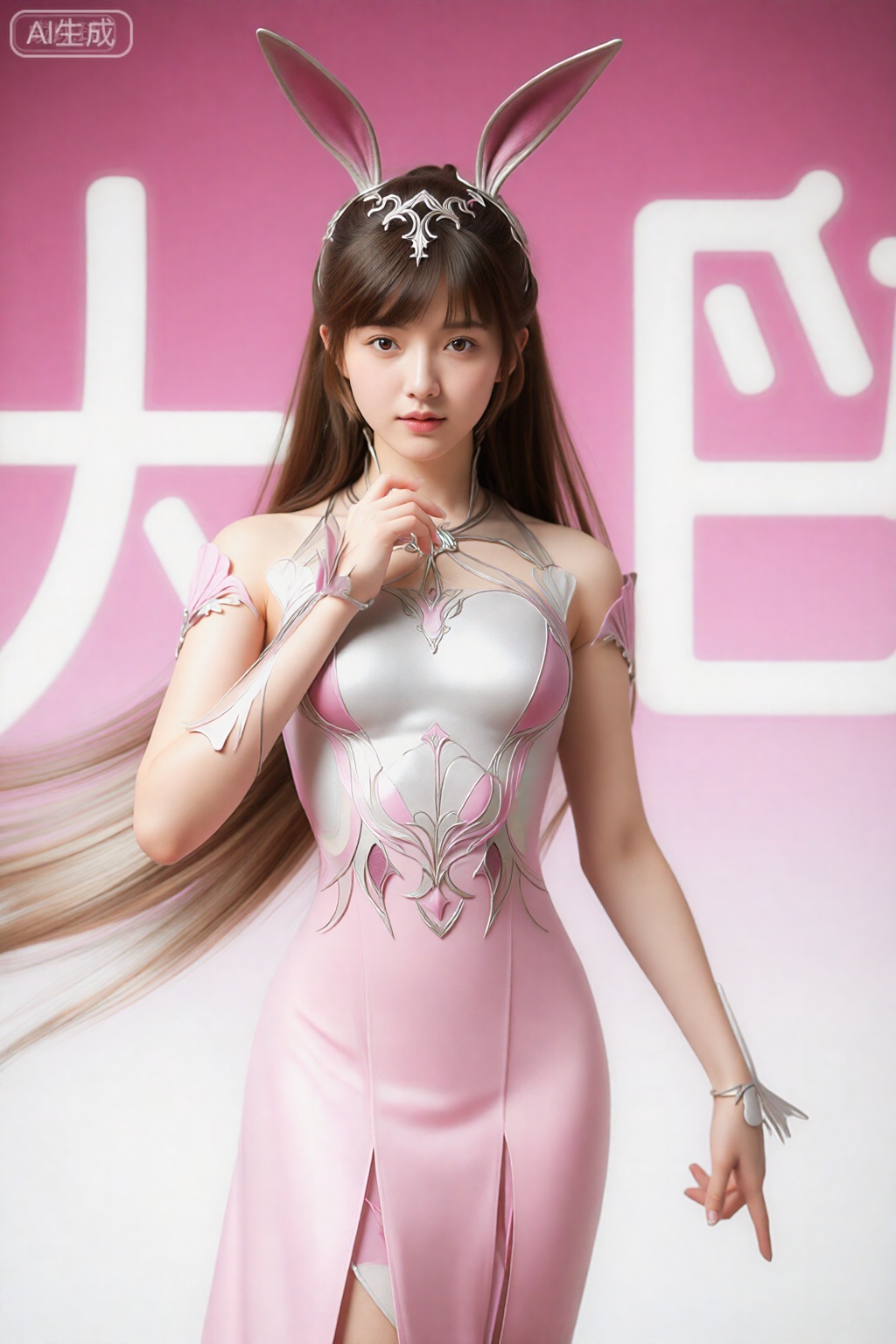 这是一张非常详细的数码照片,展示了一位亚洲女性角色扮演的奇幻角色。她有一头带刘海的棕色长直发,戴着带有兔子耳朵的银色王冠。她的服装是银色和粉色的铠甲连衣裙,设计复杂,露肩袖和飘逸的粉色裙子。她站在粉红色的渐变背景下,背景上有大的白色字母。她的右手举至下巴,左臂放在身侧。图像质感柔和、有光泽,灯光衬托出她光滑白皙的皮肤和精致的五官。。。,小舞