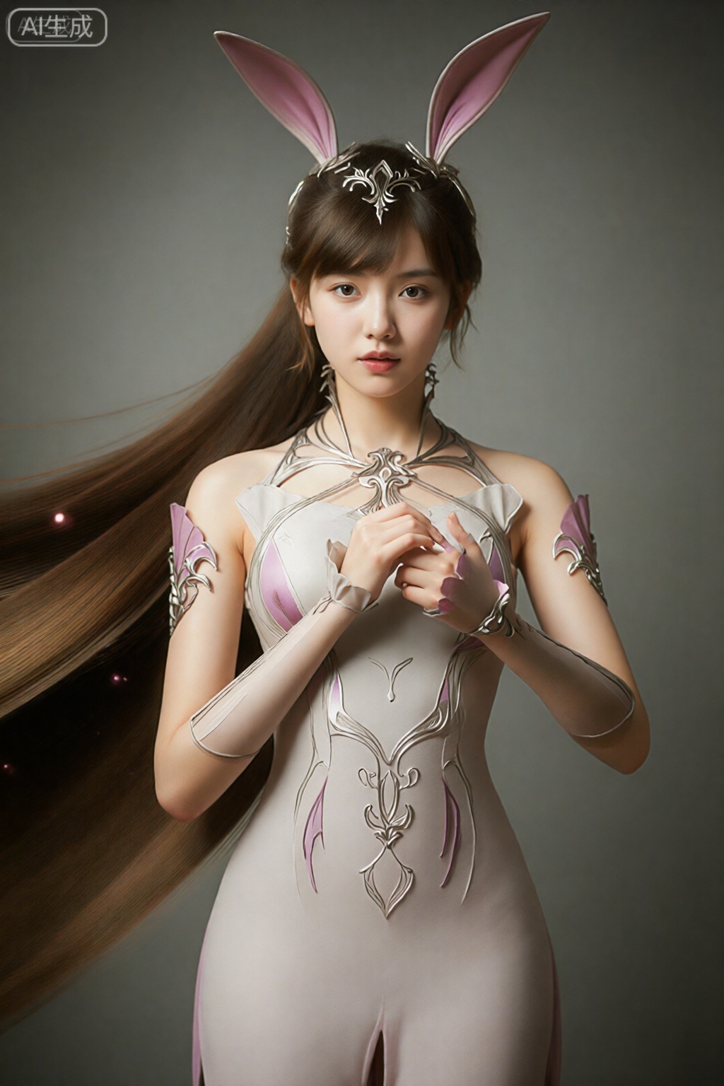 ,画面是一位亚洲女性,皮肤白皙,棕色长直发,戴着带有兔耳的金属头饰。她穿着一件精致的奇幻风格盔甲连衣裙,颜色有银色、粉色和紫色,图案复杂,设计合身。她的右手举至胸前,表情平静,嘴唇微张。背景是柔和的灰色渐变,带有浮动的光粒子。该图像具有现实但略显程式化的美感,高度关注纹理和灯光的细节。艺术家的水印“ALEX”位于左上角。,小舞