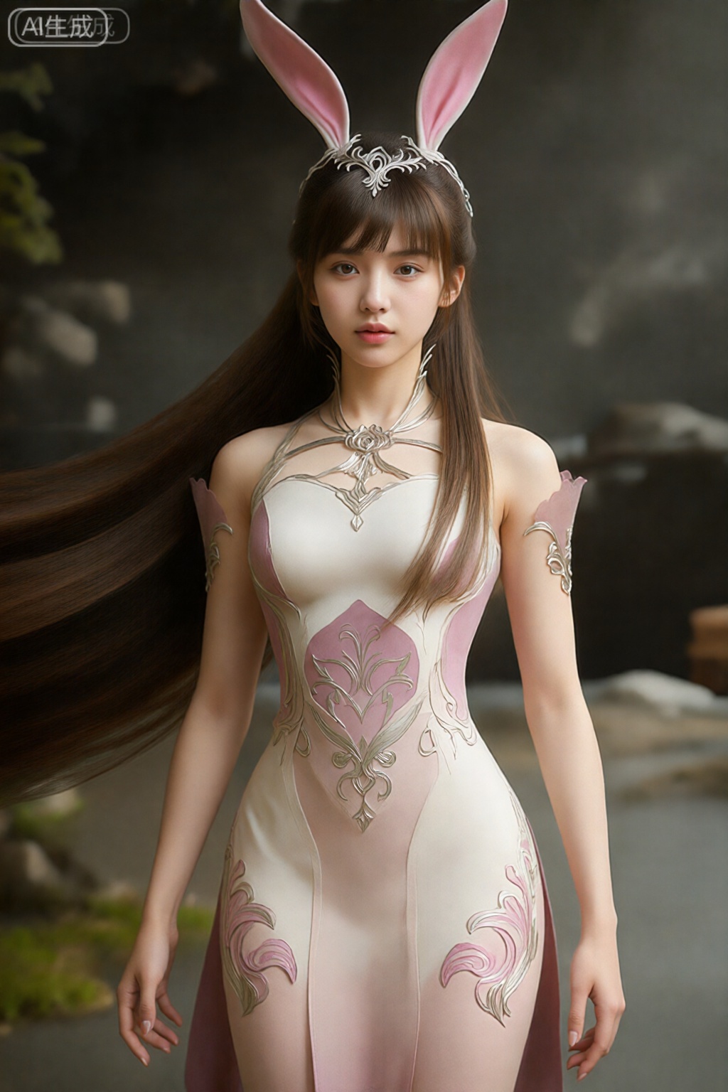 这是一幅非常详细的数字艺术作品,描绘了一位年轻的亚洲女性,她有着长长的棕色直发和白皙的皮肤。她穿着一套奇幻风格的服装,其中有一件粉色和奶油色的连衣裙,上面有复杂的银色和粉色花卉图案。她的连衣裙采用高领无袖设计,配有护臂和饰有兔耳朵的装饰头饰。她的表情是中性的,她站在自然的岩石户外环境中。背景包括模糊的树木和岩石,让人联想到森林或山区。艺术风格写实,注重幻想元素,展示高品质的纹理和灯光。。。,小舞