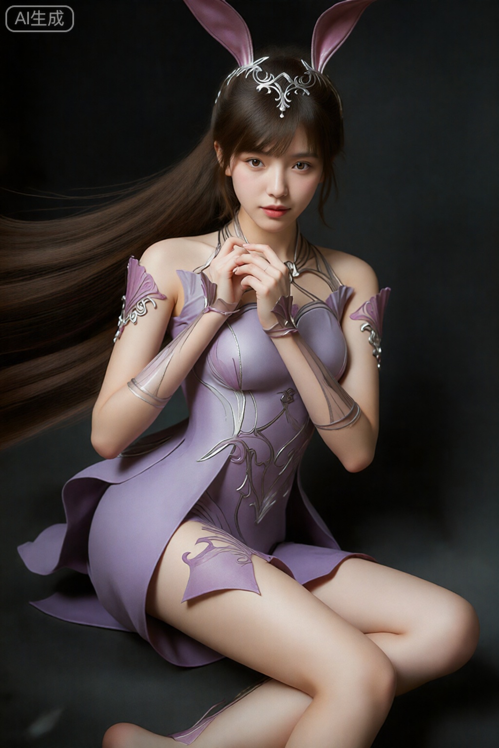 这是一幅数字艺术作品,描绘了一位长着棕色长发的亚洲女性,穿着淡紫色奇幻风格的盔甲连衣裙,银色头饰上戴着兔子耳朵。她的服装具有复杂的银色图案和配套的护臂。她坐在岩石表面上,双腿交叉,。女子皮肤白皙,表情温柔,右手精致地抚摸着下巴。背景是黑暗和岩石,增加了一种紧张感。。,小舞