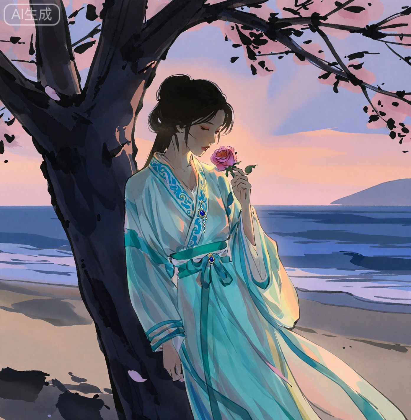 画面中是一位身穿淡青色古风服饰的女性角色,衣领与袖口饰有精致的蓝绿色丝带,胸前佩戴着镶嵌蓝色宝石的吊坠。
场景为海边沙滩、天空、傍晚。
女人和脸不变。 
第一张为图中人物的剪影,保持发型服装不变,倚靠在一颗巨大的樱花树下,右手持一朵玫瑰,低头闻着玫瑰花香,电影级光影效果,逆光,人物剪影。黄昏。场景中有些许零散的粉色花瓣飘落,浪漫氛围,极致细节,

这是艺术家chi的作品,水墨画风,