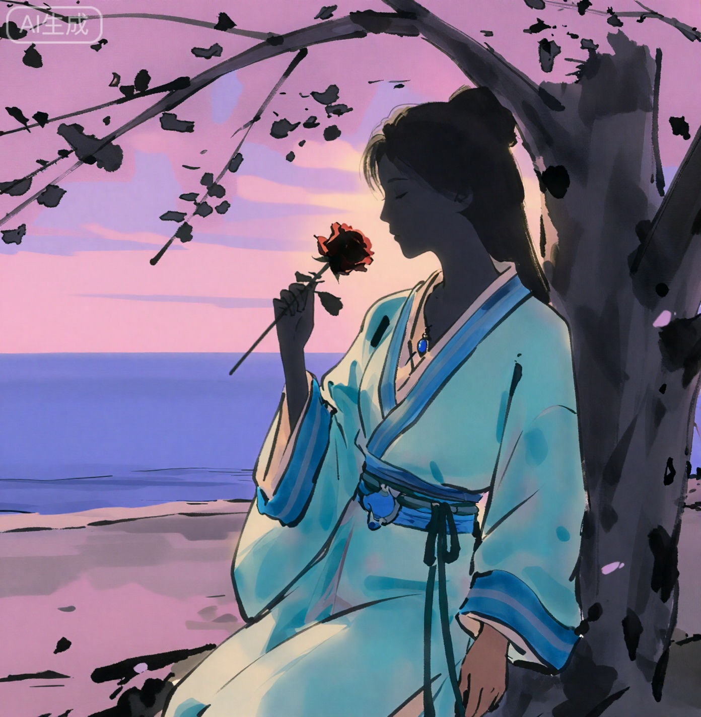 画面中是一位身穿淡青色古风服饰的女性角色,衣领与袖口饰有精致的蓝绿色丝带,胸前佩戴着镶嵌蓝色宝石的吊坠。
场景为海边沙滩、天空、傍晚。
女人和脸不变。 
第一张为图中人物的剪影,保持发型服装不变,倚靠在一颗巨大的樱花树下,右手持一朵玫瑰,低头闻着玫瑰花香,电影级光影效果,逆光,人物剪影。黄昏。场景中有些许零散的粉色花瓣飘落,浪漫氛围,极致细节,

这是艺术家chi的作品,水墨画风,