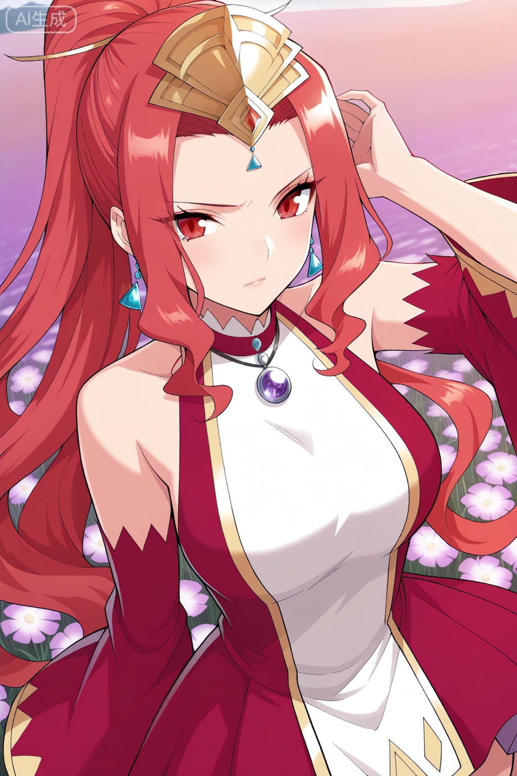曹颖,masterpiece,best quality,official art,extremely detailed CG unity 8k wallpaper,1girl, solo, red eyes, sharp eyes, long hair, high ponytail, red hair, ahoge, hair ribbon, hair ornament, wavy hair, sidelocks, anime stylefantasy outfit, ornate dress, sleeveless dress, off shoulder, high collar, flared sleeves, asymmetrical skirt, short dress, wide sleeves, detached sleeves, red sleeves, ornate dress, gemstone necklace, tiara,forehead jewel, earrings, elegant, royal,