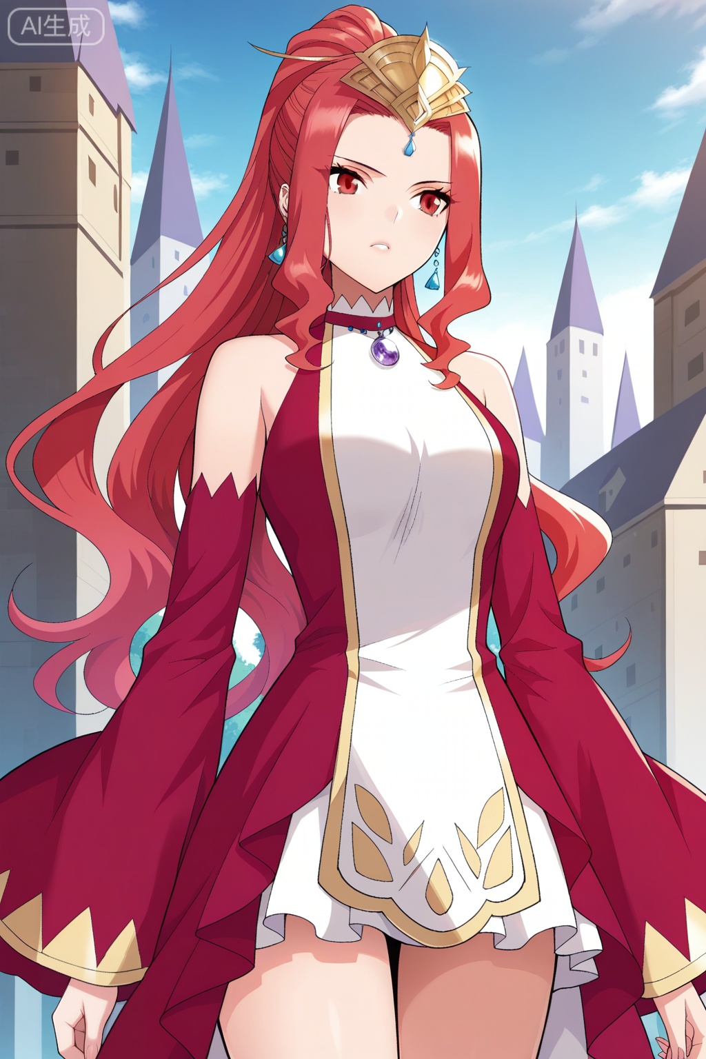 曹颖,masterpiece,best quality,official art,extremely detailed CG unity 8k wallpaper,1girl, solo, red eyes, sharp eyes, long hair, high ponytail, red hair, ahoge, hair ribbon, hair ornament, wavy hair, sidelocks, anime stylefantasy outfit, ornate dress, sleeveless dress, off shoulder, high collar, flared sleeves, asymmetrical skirt, short dress, wide sleeves, detached sleeves, red sleeves, ornate dress, gemstone necklace, tiara,forehead jewel, earrings, elegant, royal,