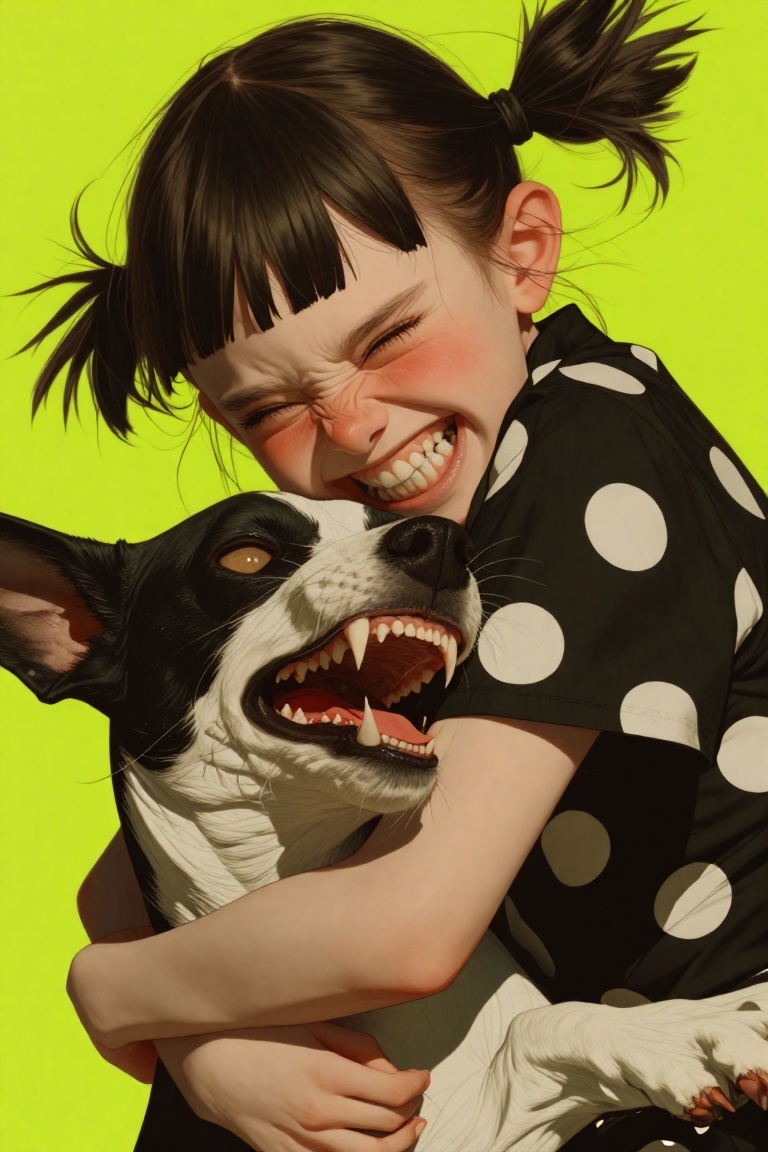 a girl with dark pigtails grinning widely,  showing her teeth,  while hugging a black and white dog that is also snarling...